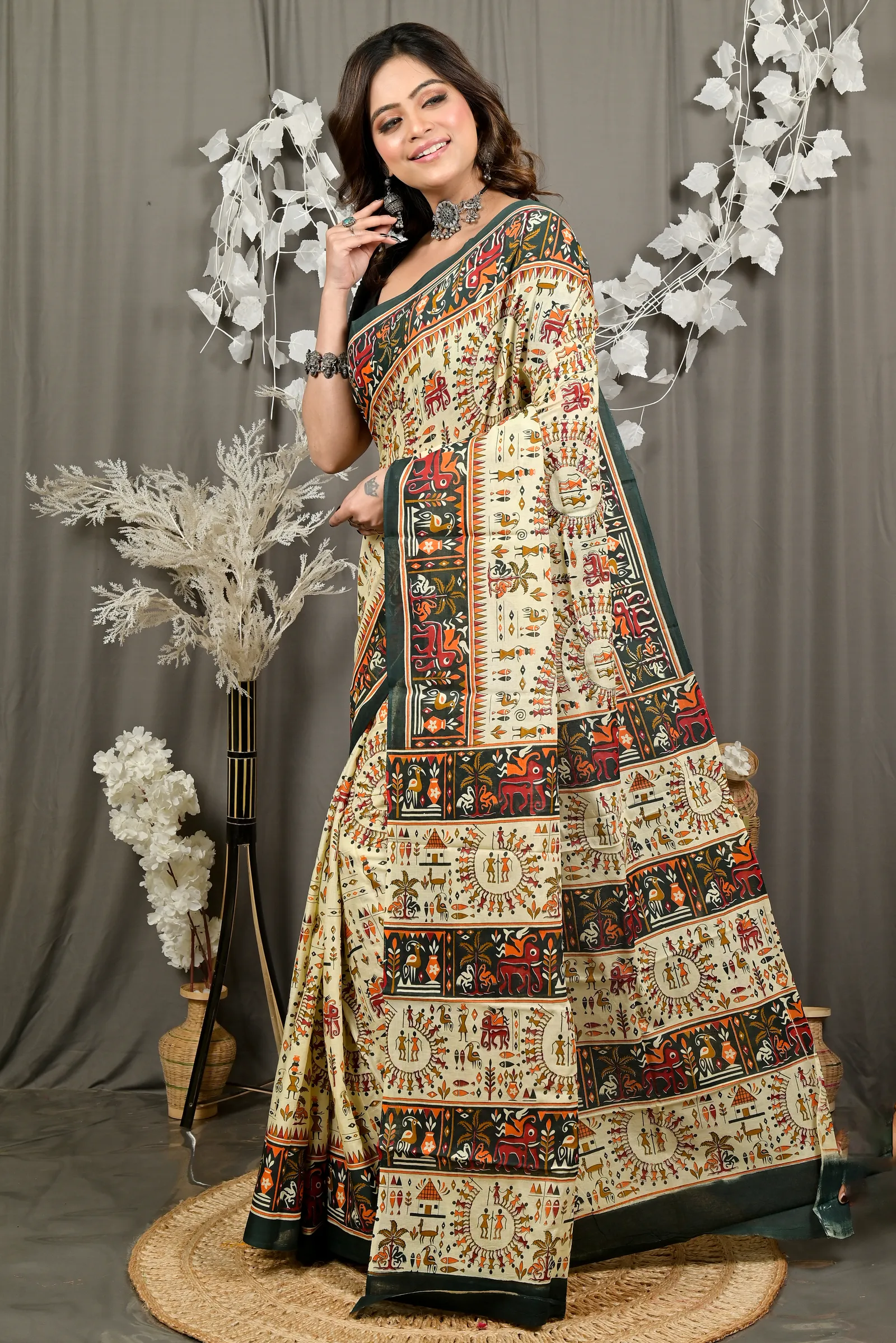 DipDiya Pure Cotton Off White Green Feepsi Crafted by Artisans Kalamkari Printed Sarees