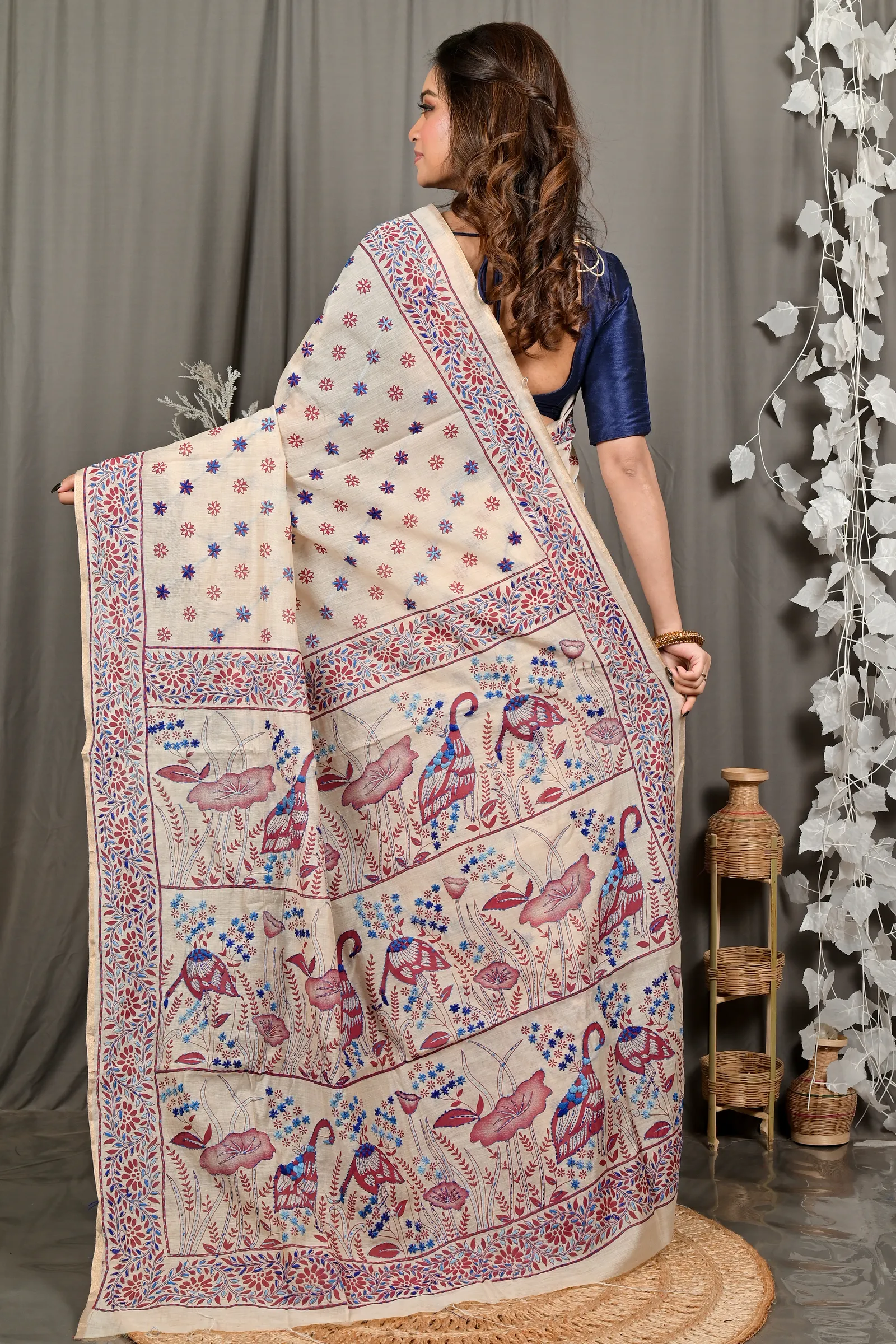 DipDiya Pure Cotton Off White Multy Color Dhriti Tradition in Every Thread Kantha Stitch Sarees