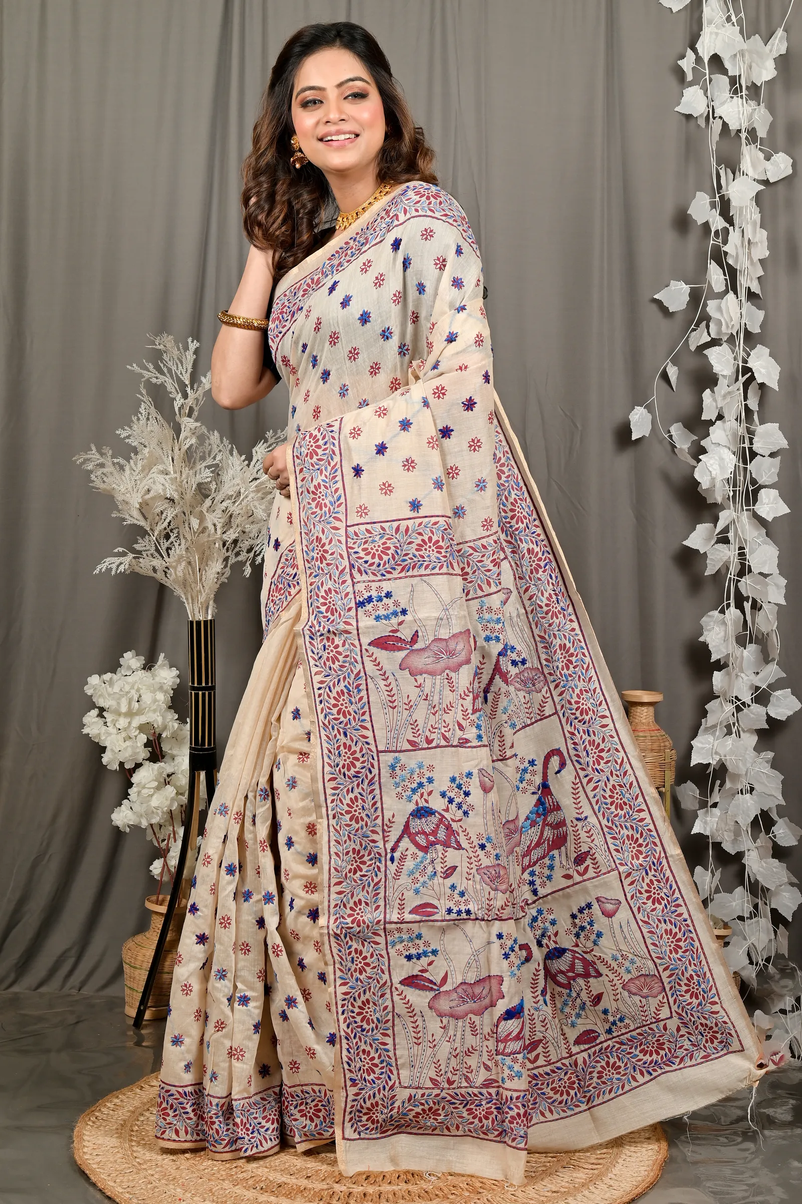 DipDiya Pure Cotton Off White Multy Color Dhriti Tradition in Every Thread Kantha Stitch Sarees