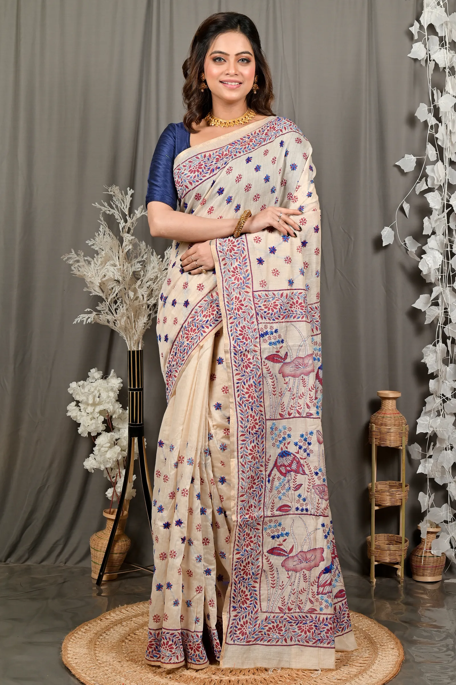 DipDiya Pure Cotton Off White Multy Color Dhriti Tradition in Every Thread Kantha Stitch Sarees