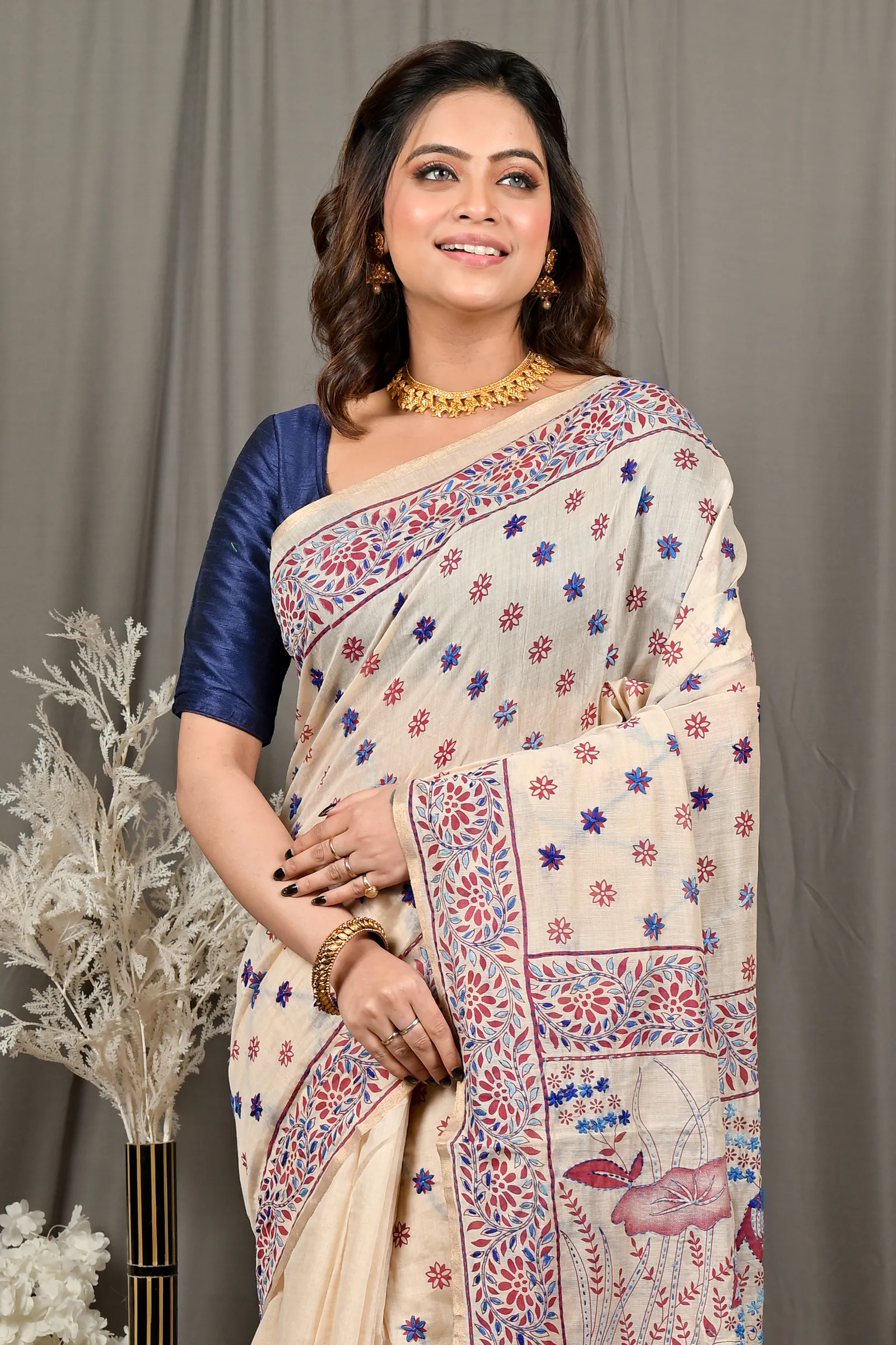 DipDiya Pure Cotton Off White Multy Color Dhriti Tradition in Every Thread Kantha Stitch Sarees