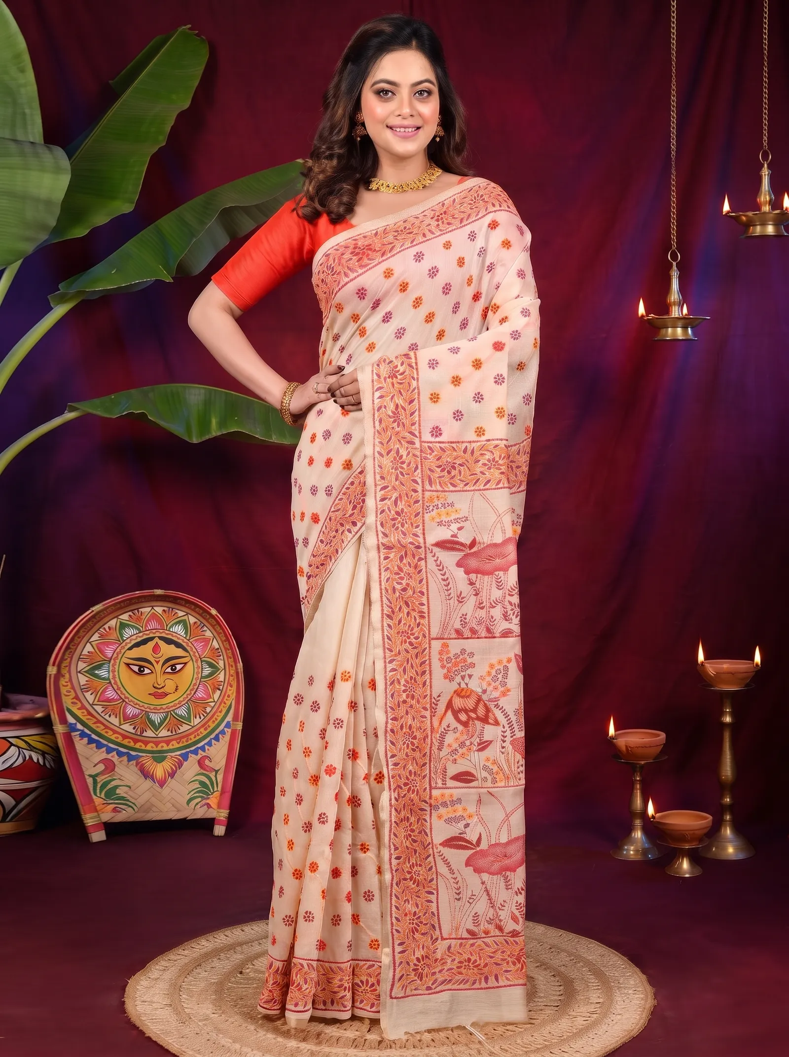 DipDiya Pure Cotton Off-White Orange Dhriti Weaves with a Story Kantha Stitch Sarees