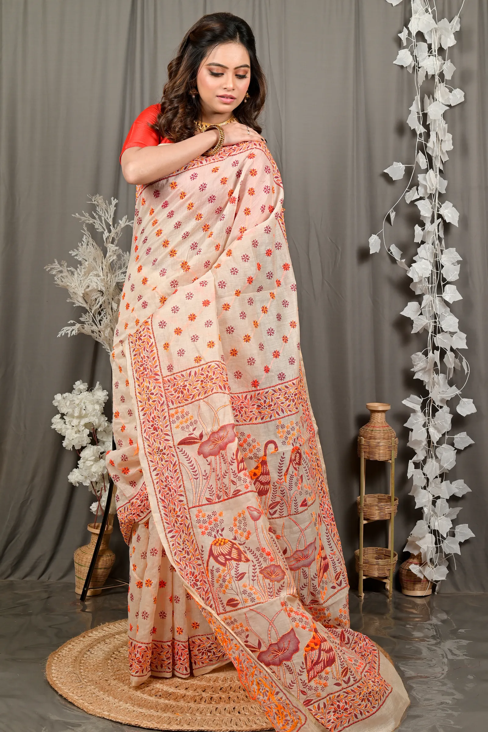 DipDiya Pure Cotton Off-White Orange Dhriti Weaves with a Story Kantha Stitch Sarees