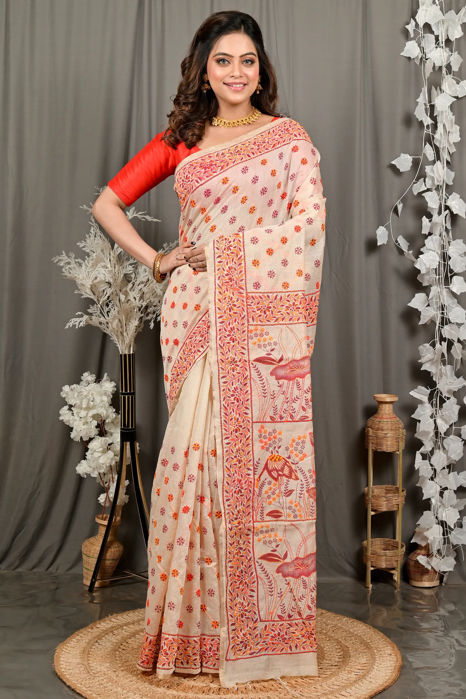 DipDiya Pure Cotton Off-White Orange Dhriti Weaves with a Story Kantha Stitch Sarees