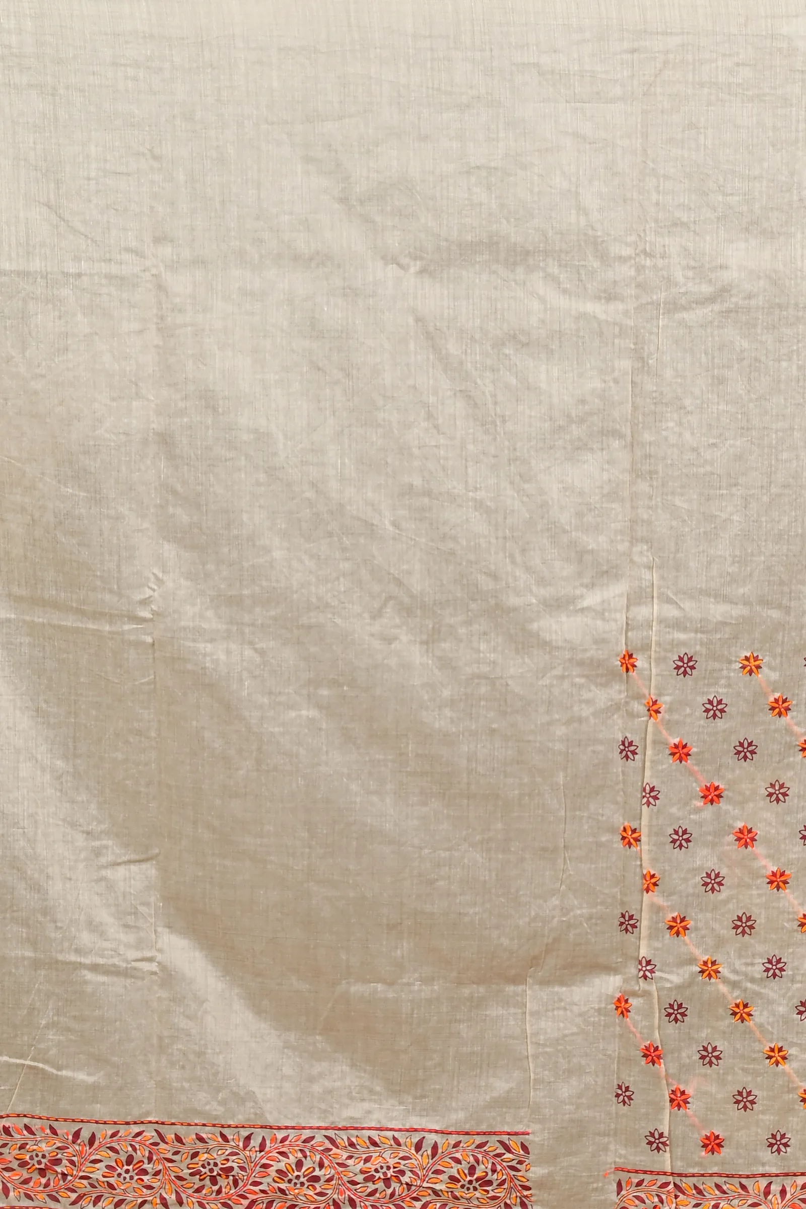 DipDiya Pure Cotton Off-White Orange Dhriti Weaves with a Story Kantha Stitch Sarees