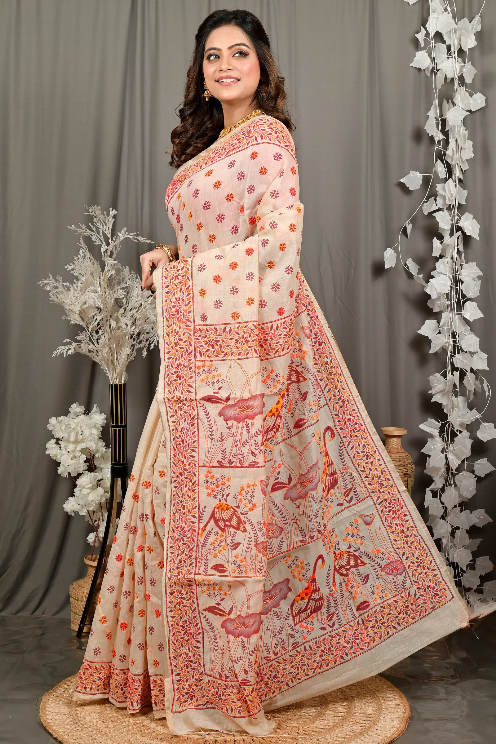 DipDiya Pure Cotton Off-White Orange Dhriti Weaves with a Story Kantha Stitch Sarees