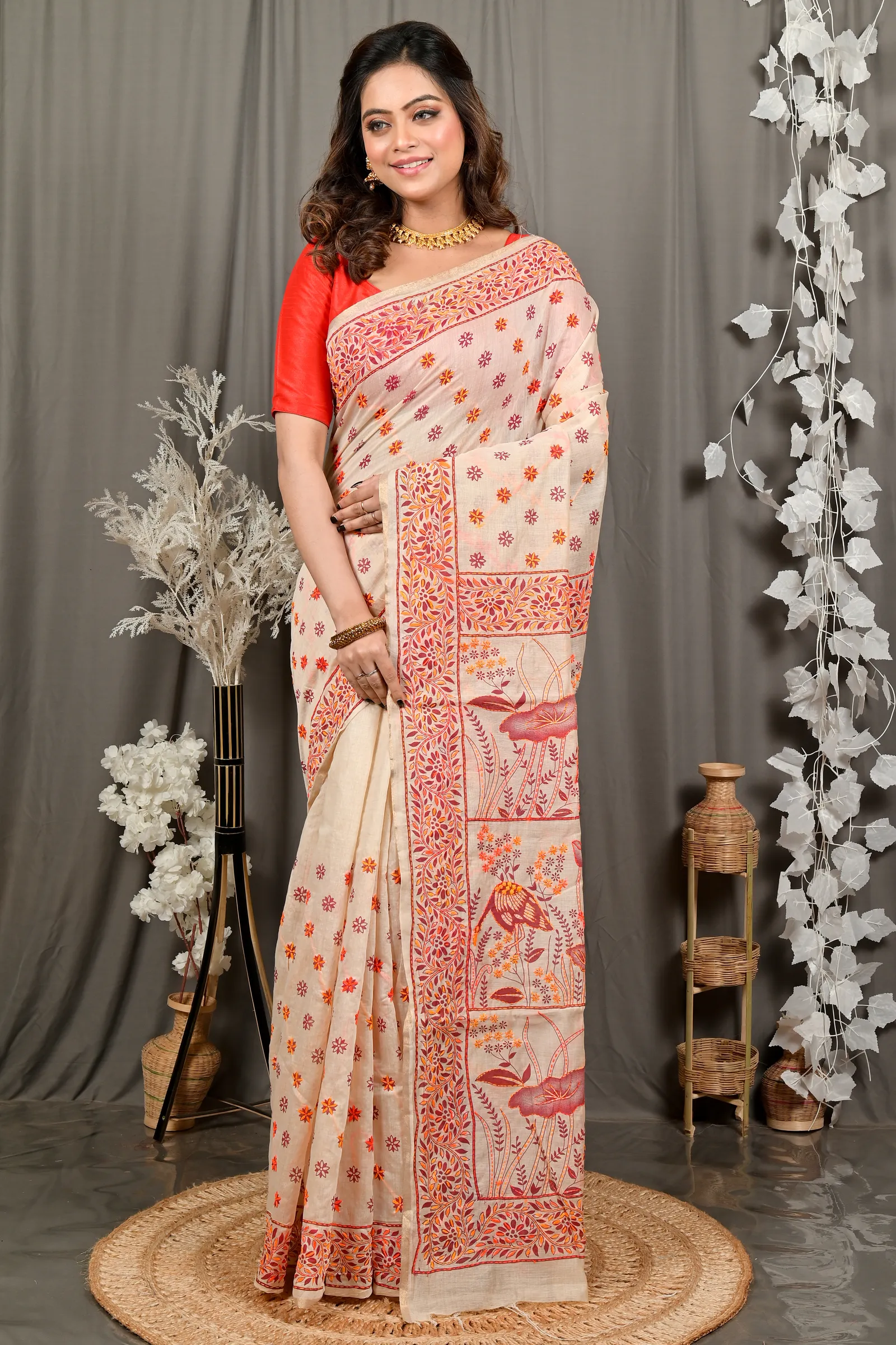 DipDiya Pure Cotton Off-White Orange Dhriti Weaves with a Story Kantha Stitch Sarees