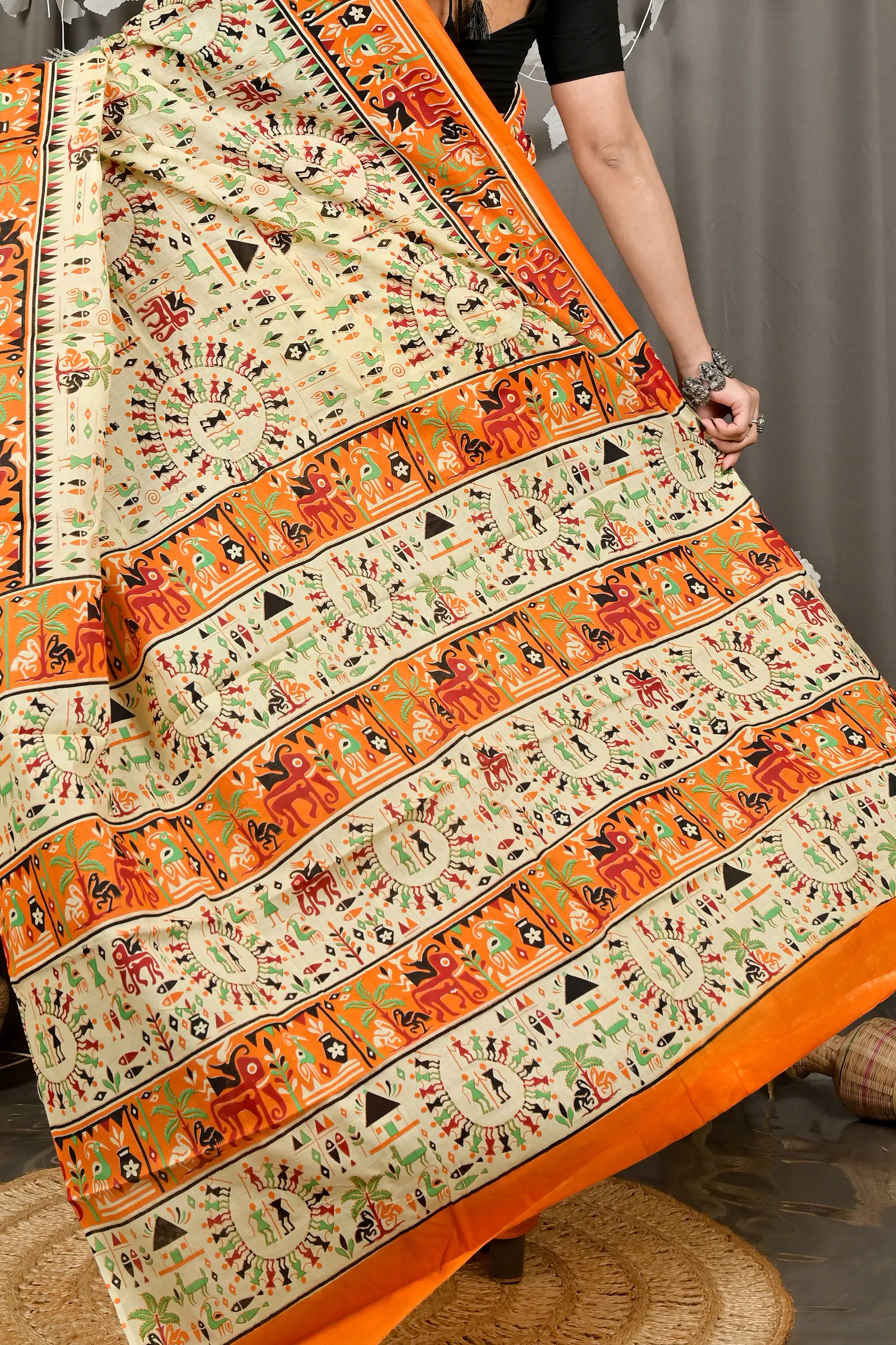 DipDiya Pure Cotton Off White Orange Feepsi Elegant by Tradition Kalamkari Printed Sarees