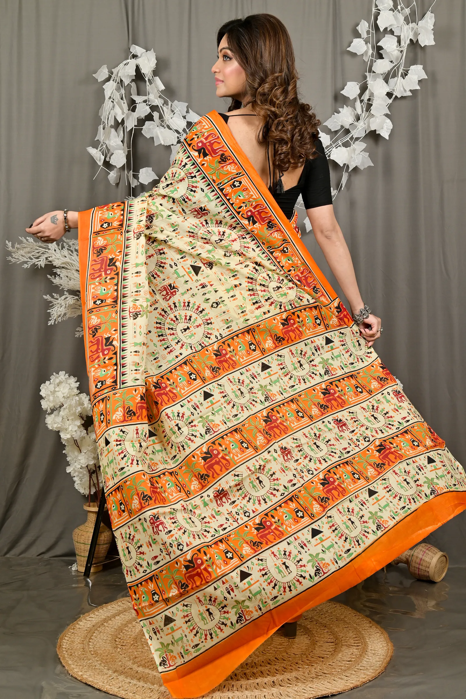 DipDiya Pure Cotton Off White Orange Feepsi Elegant by Tradition Kalamkari Printed Sarees