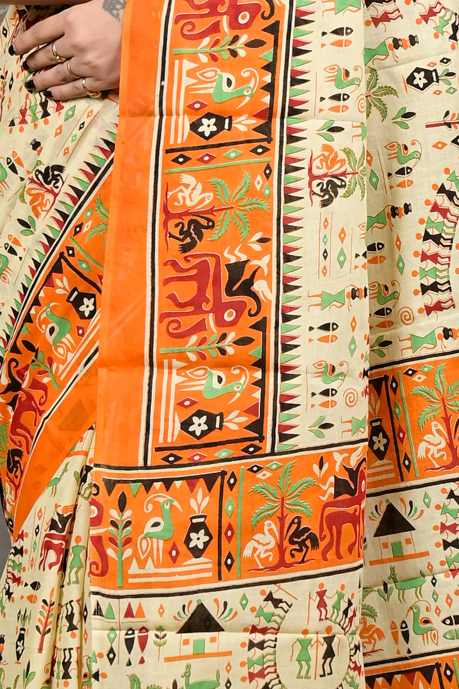 DipDiya Pure Cotton Off White Orange Feepsi Elegant by Tradition Kalamkari Printed Sarees