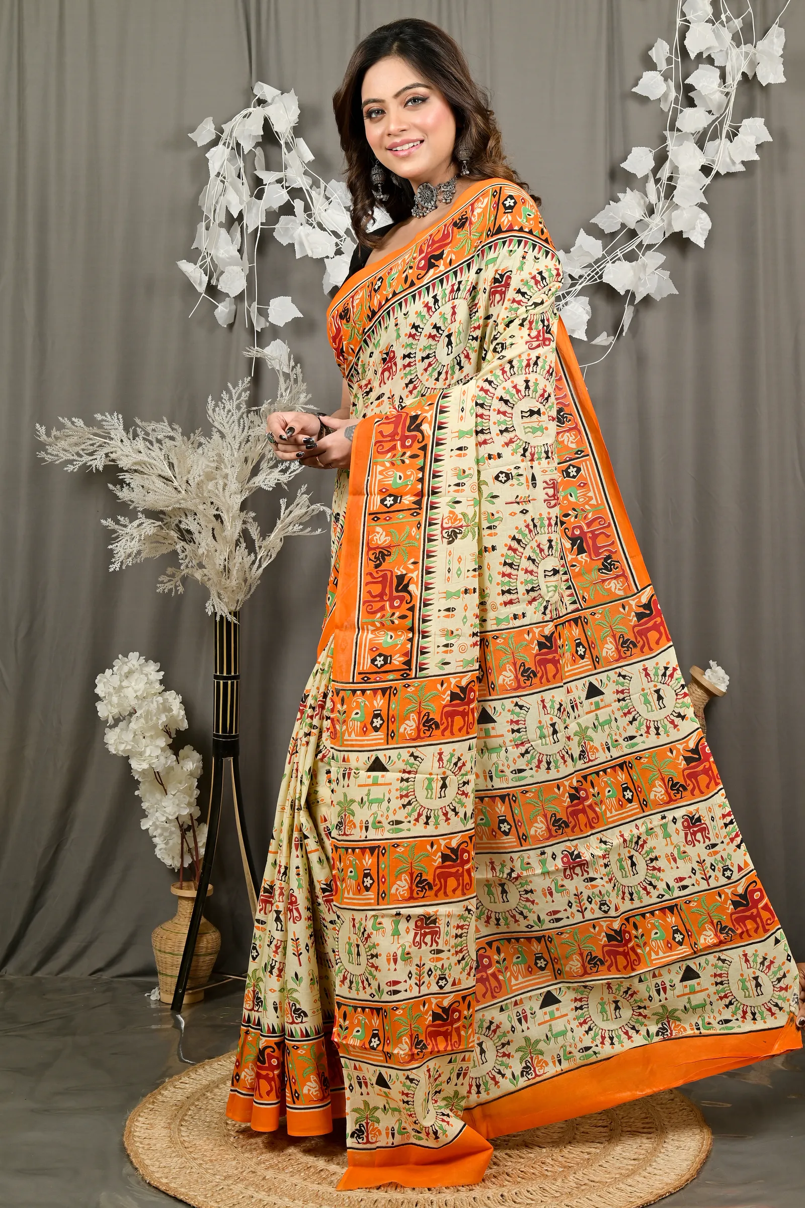 DipDiya Pure Cotton Off White Orange Feepsi Elegant by Tradition Kalamkari Printed Sarees