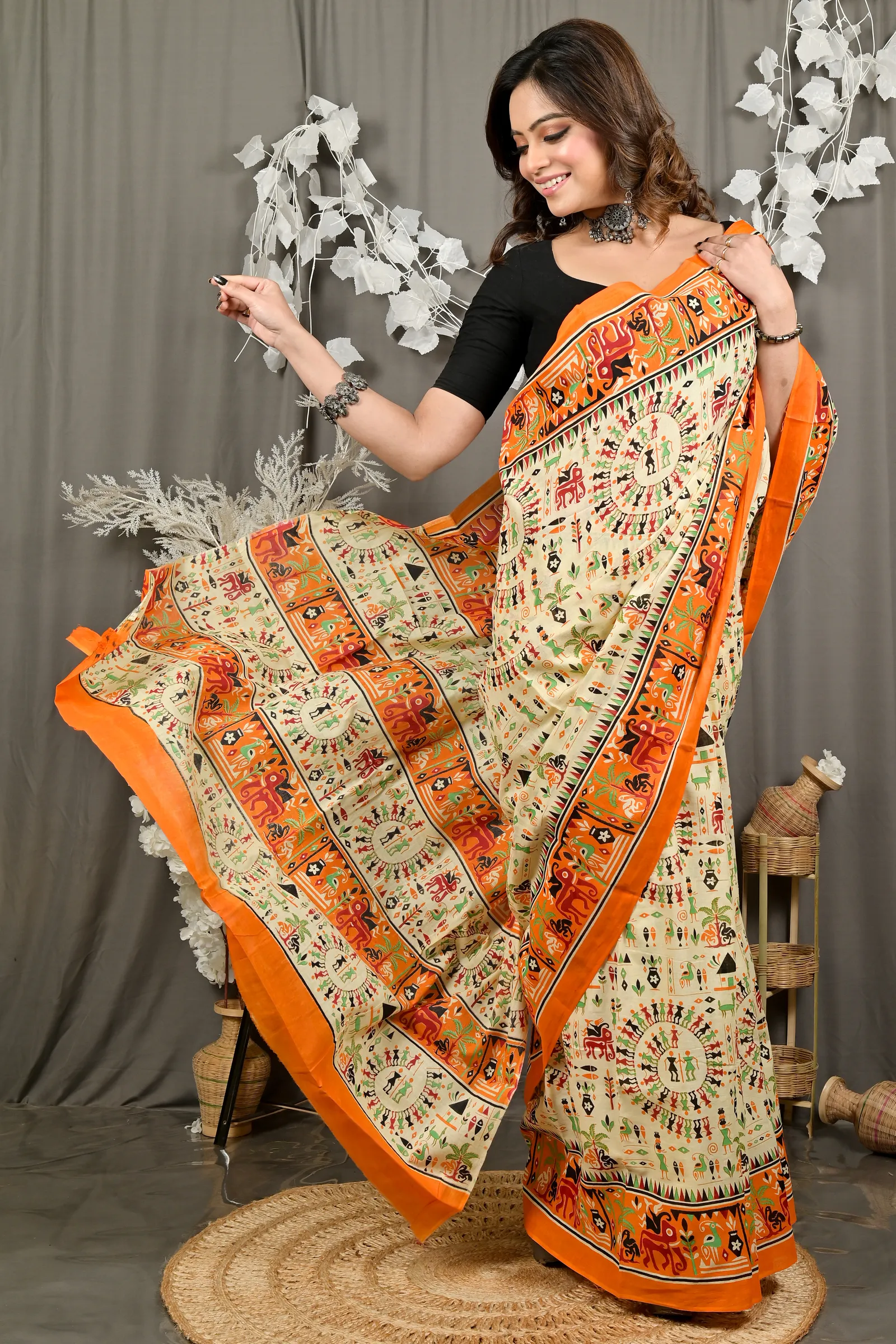 DipDiya Pure Cotton Off White Orange Feepsi Elegant by Tradition Kalamkari Printed Sarees
