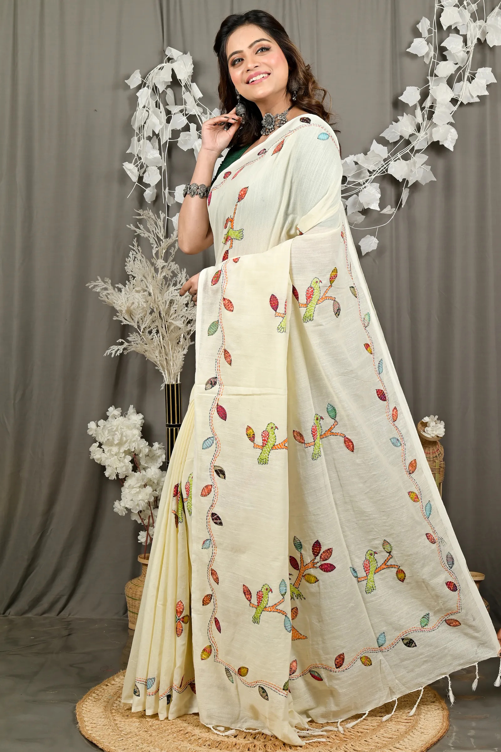 DipDiya Pure Cotton Off-White Pakhi Heritage of Bengal Kantha Stitch Sarees