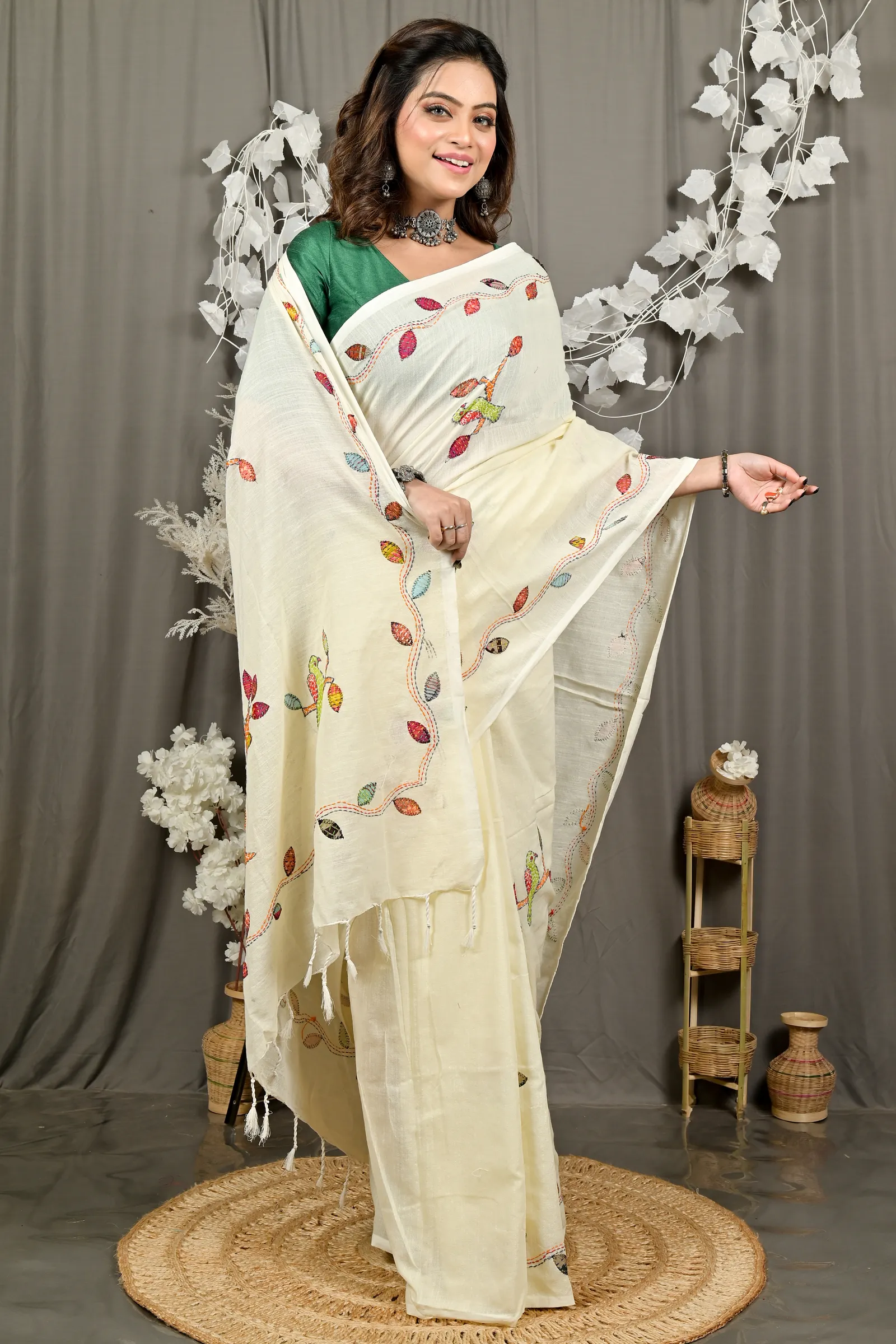 DipDiya Pure Cotton Off-White Pakhi Heritage of Bengal Kantha Stitch Sarees