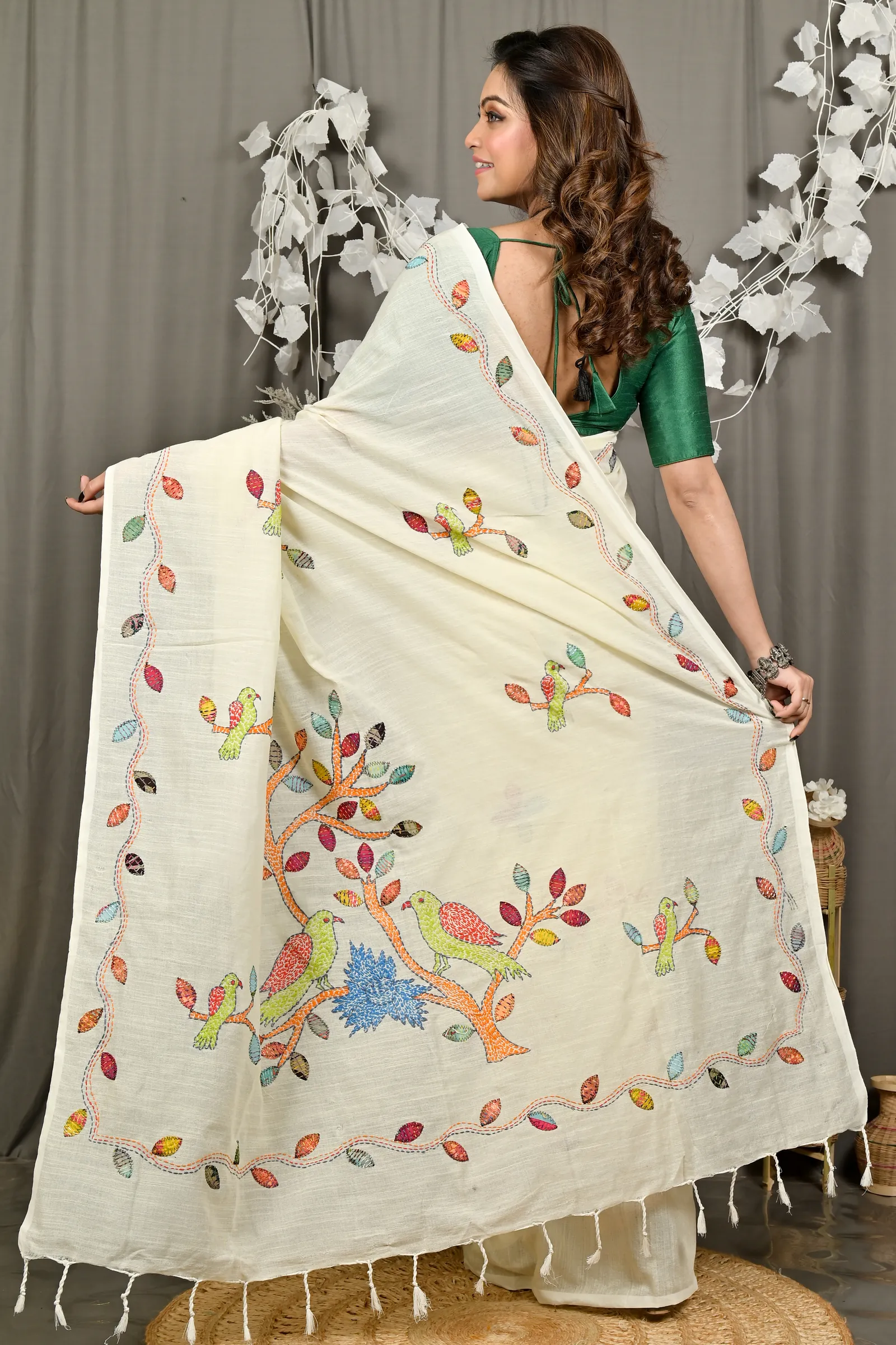 DipDiya Pure Cotton Off-White Pakhi Heritage of Bengal Kantha Stitch Sarees