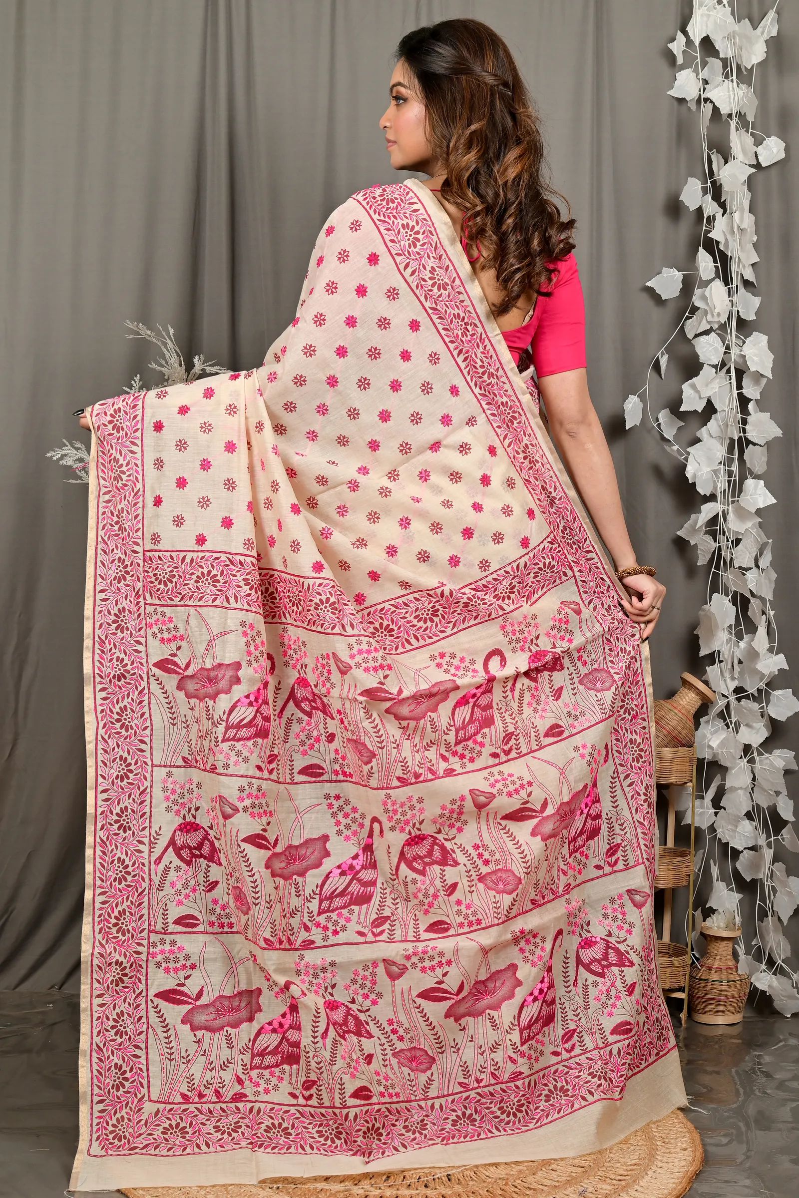 DipDiya Pure Cotton Off White Purple Dhriti Traditional Elegance Kantha Stitch Sarees