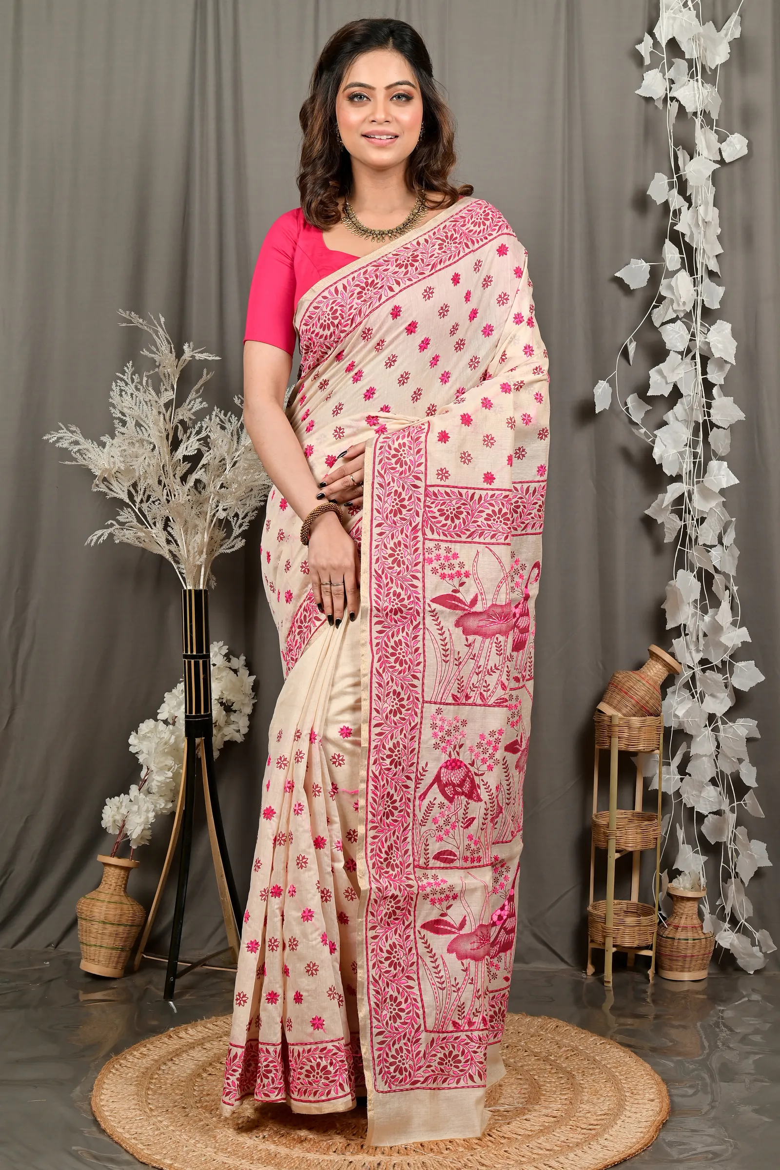 DipDiya Pure Cotton Off White Purple Dhriti Traditional Elegance Kantha Stitch Sarees