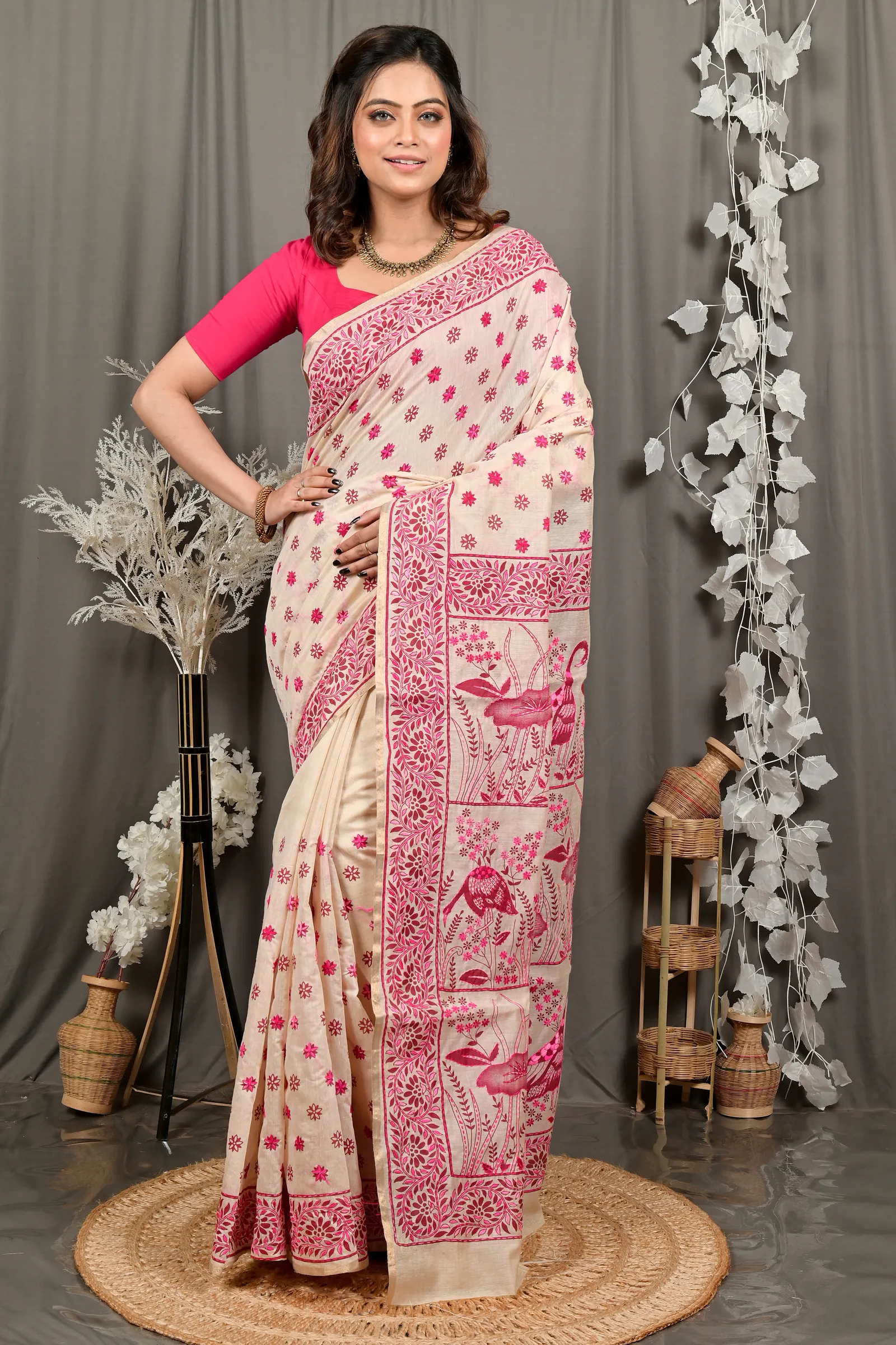 DipDiya Pure Cotton Off White Purple Dhriti Traditional Elegance Kantha Stitch Sarees