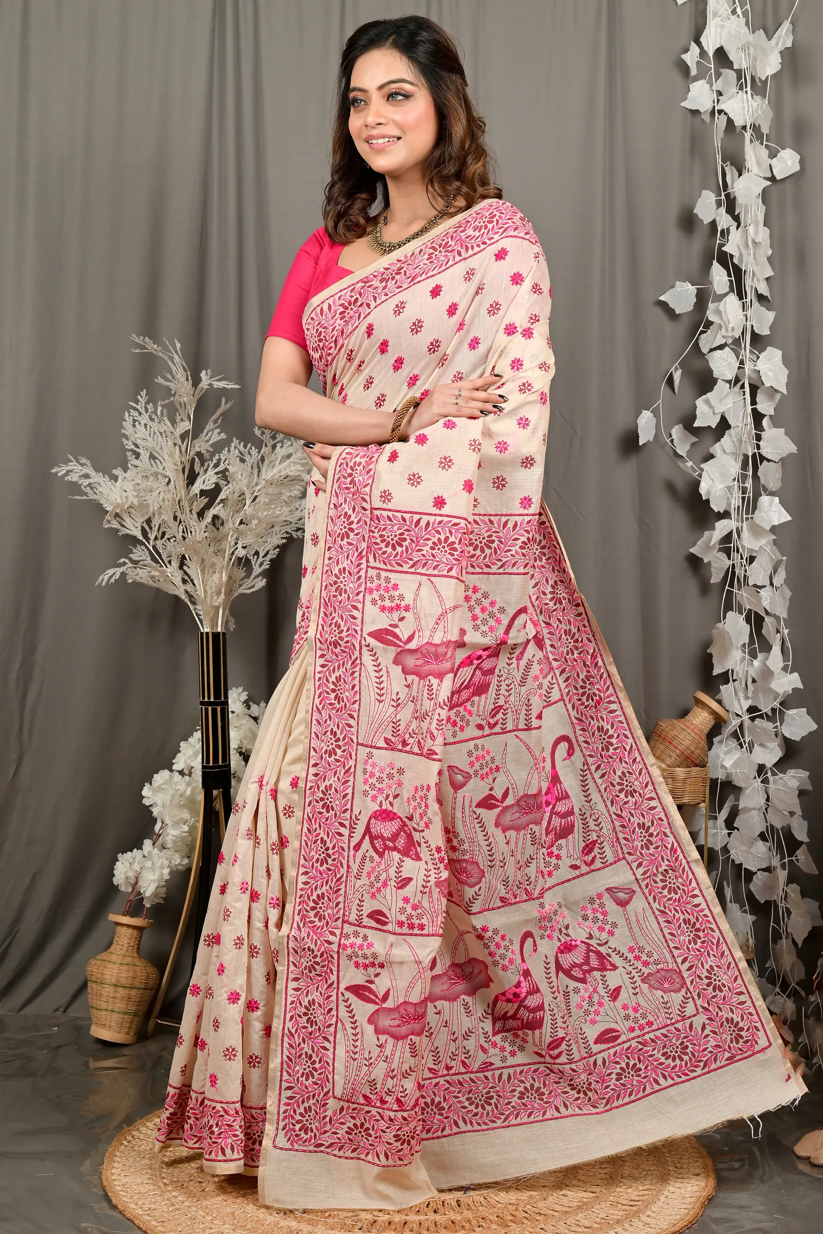 DipDiya Pure Cotton Off White Purple Dhriti Traditional Elegance Kantha Stitch Sarees