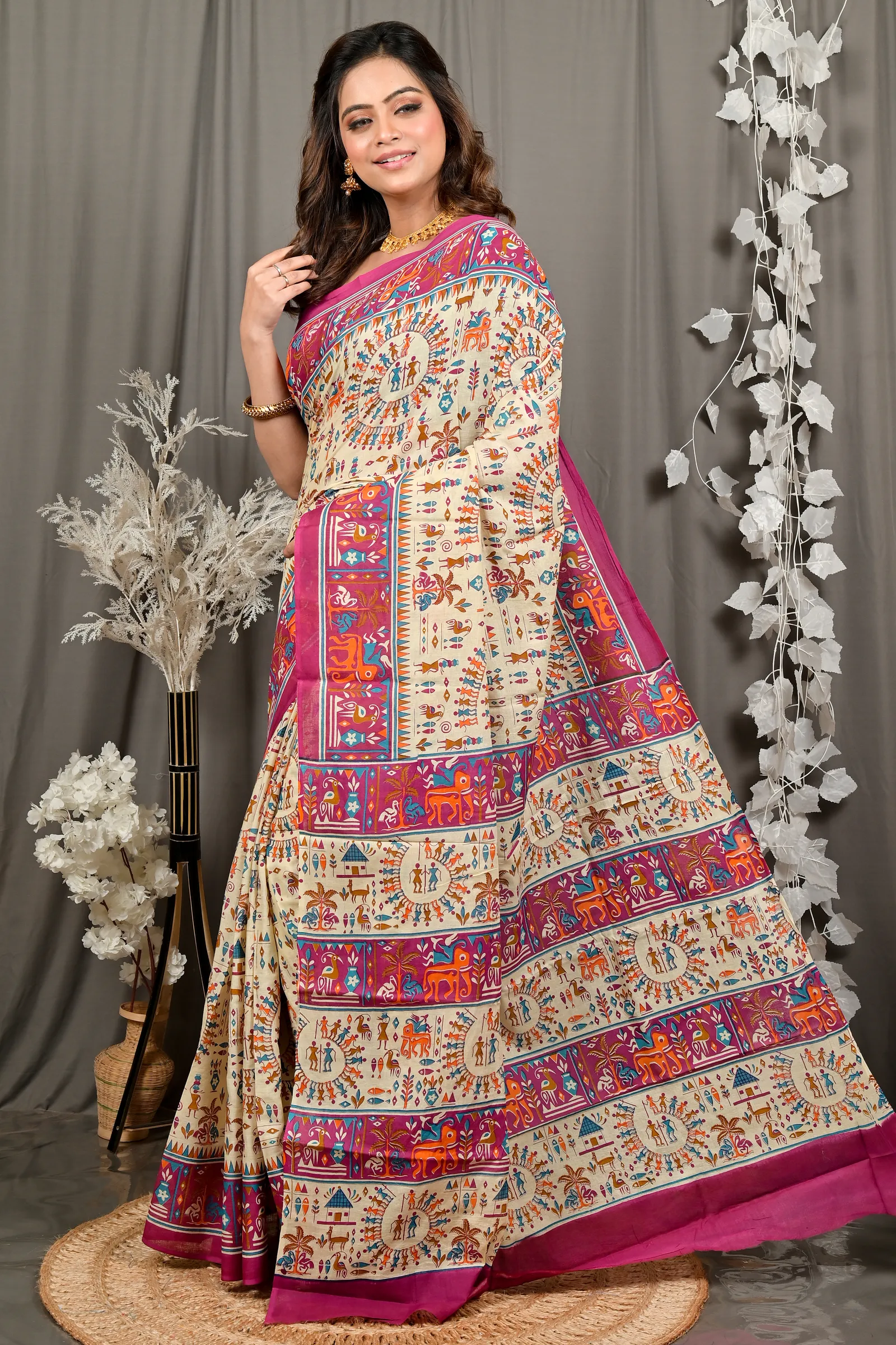 DipDiya Pure Cotton Off White Purple Feepsi Elegance in Every Weave Kalamkari Printed Sarees