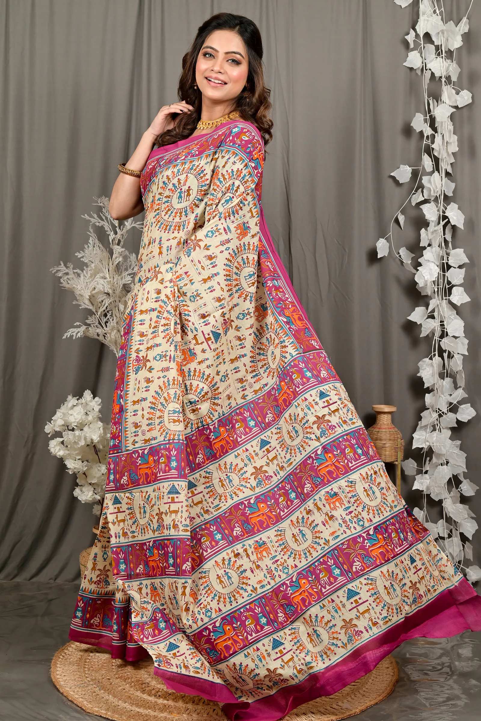 DipDiya Pure Cotton Off White Purple Feepsi Elegance in Every Weave Kalamkari Printed Sarees