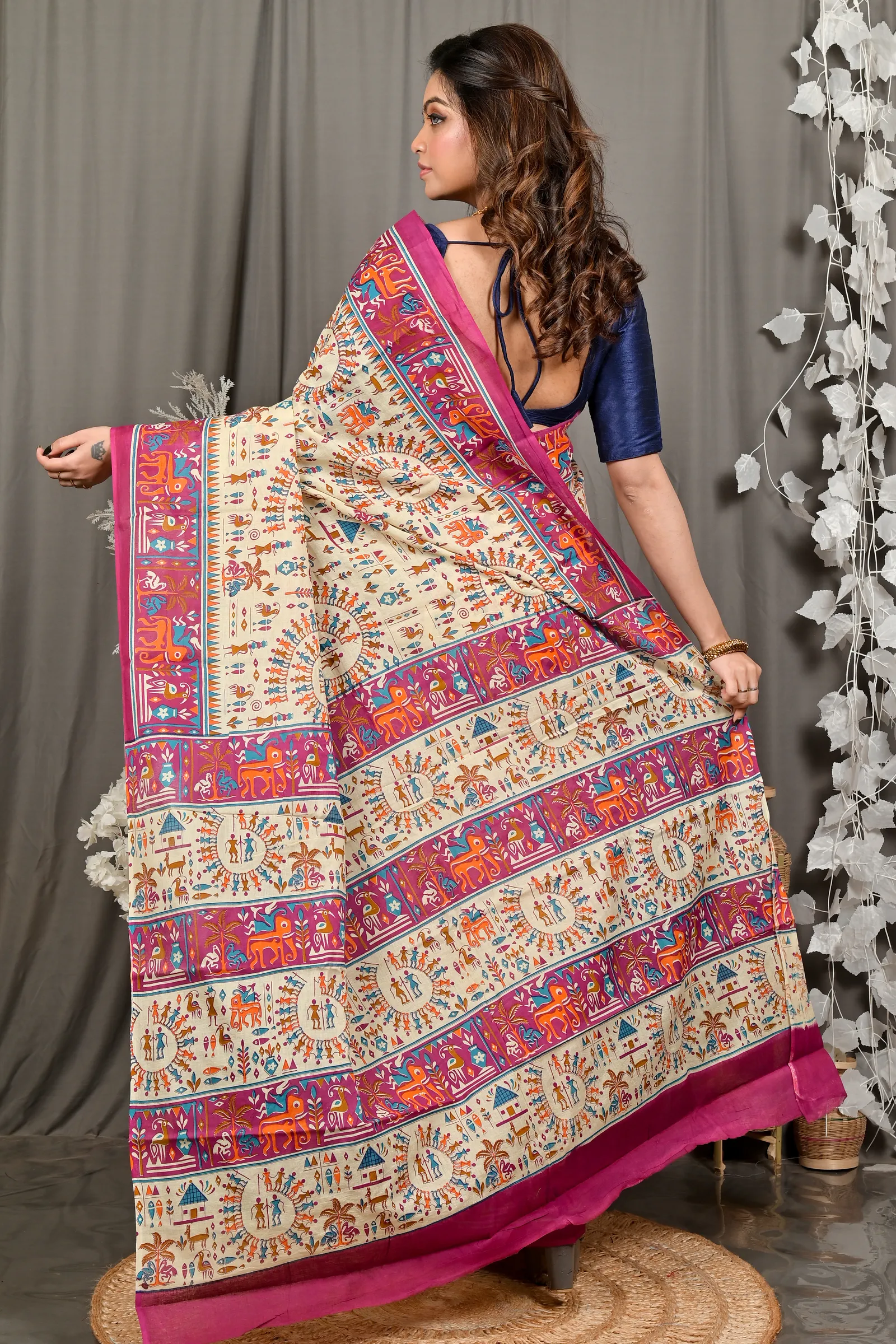 DipDiya Pure Cotton Off White Purple Feepsi Elegance in Every Weave Kalamkari Printed Sarees
