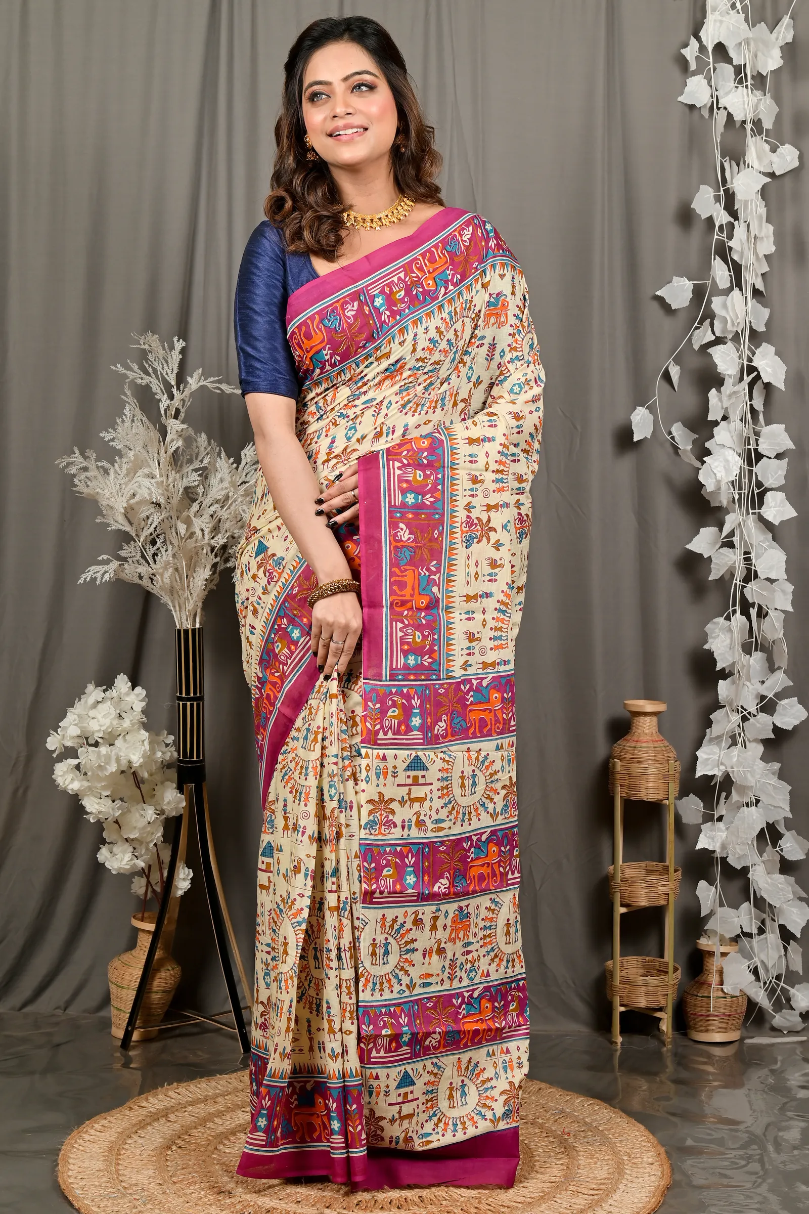 DipDiya Pure Cotton Off White Purple Feepsi Elegance in Every Weave Kalamkari Printed Sarees
