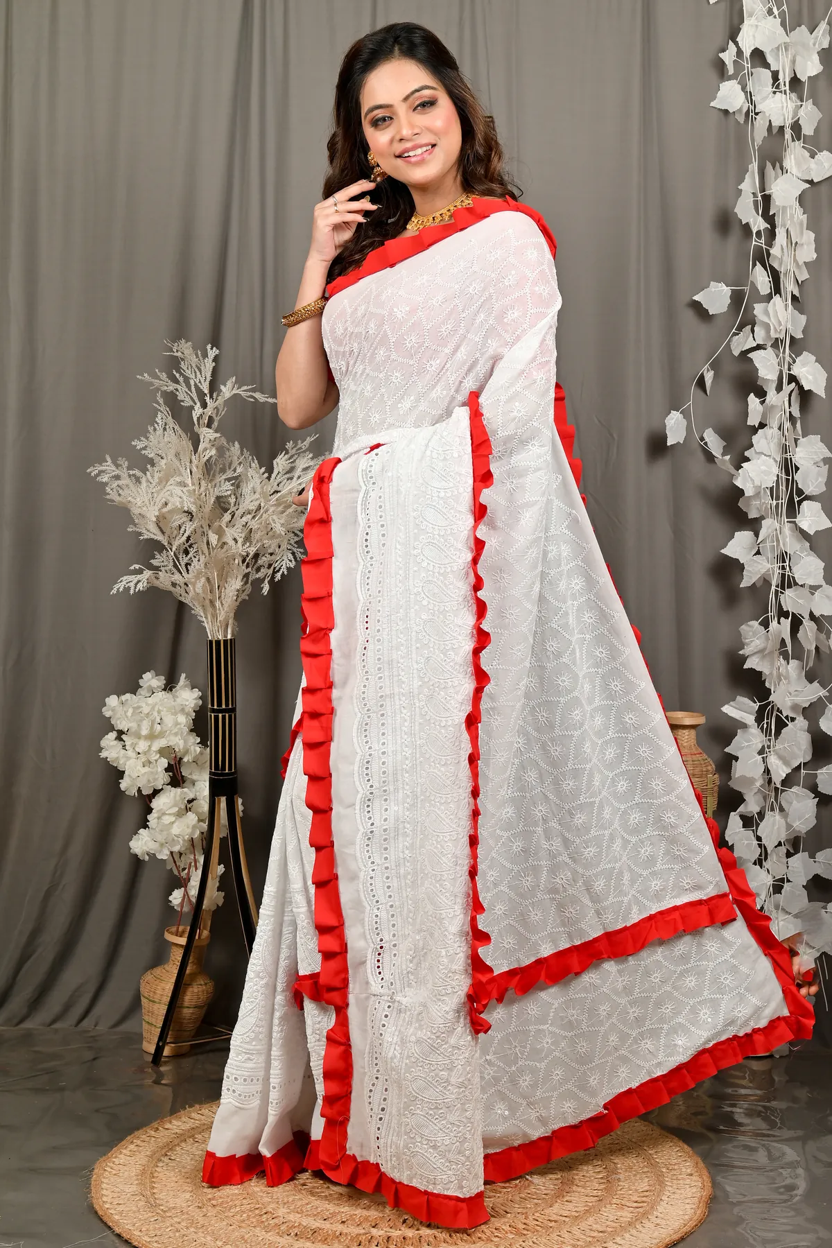 DipDiya Pure Cotton Off White Red Borma Wrapped in Heritage Handloom Sarees