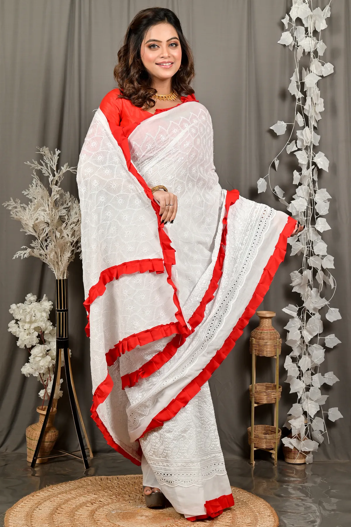 DipDiya Pure Cotton Off White Red Borma Wrapped in Heritage Handloom Sarees