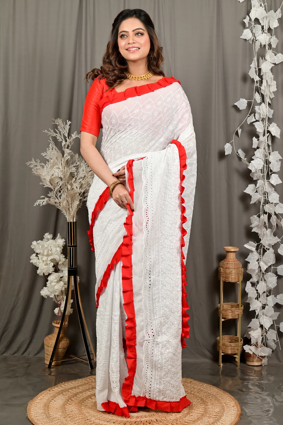 DipDiya Pure Cotton Off White Red Borma Wrapped in Heritage Handloom Sarees