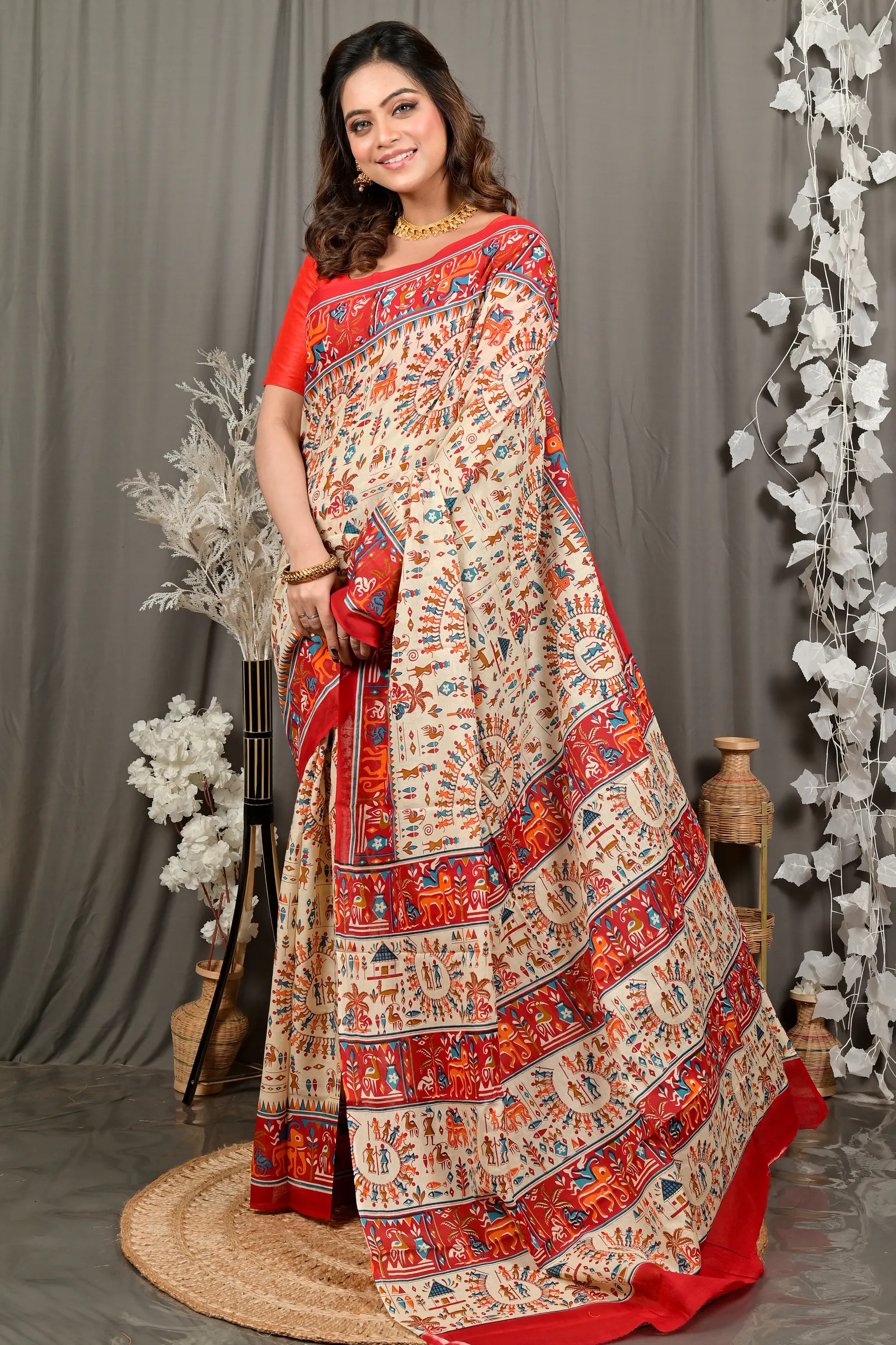DipDiya Pure Cotton Off White Red Feepsi Crafted with Soul Kalamkari Printed Sarees