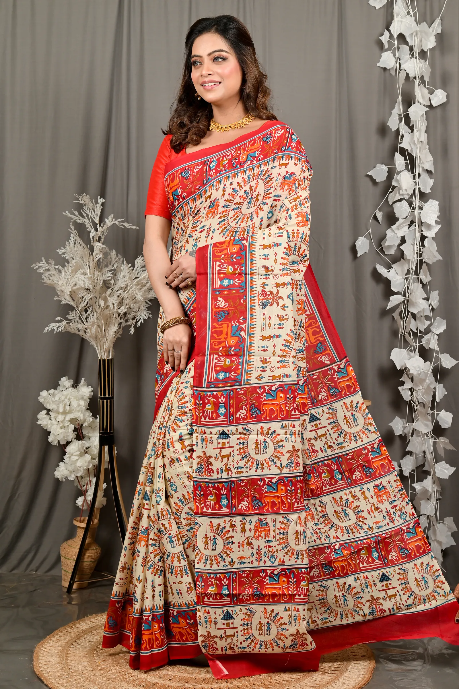 DipDiya Pure Cotton Off White Red Feepsi Crafted with Soul Kalamkari Printed Sarees