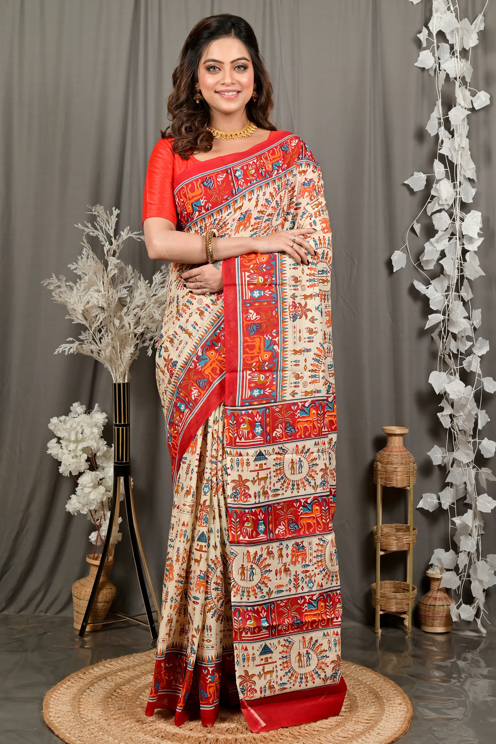 DipDiya Pure Cotton Off White Red Feepsi Crafted with Soul Kalamkari Printed Sarees