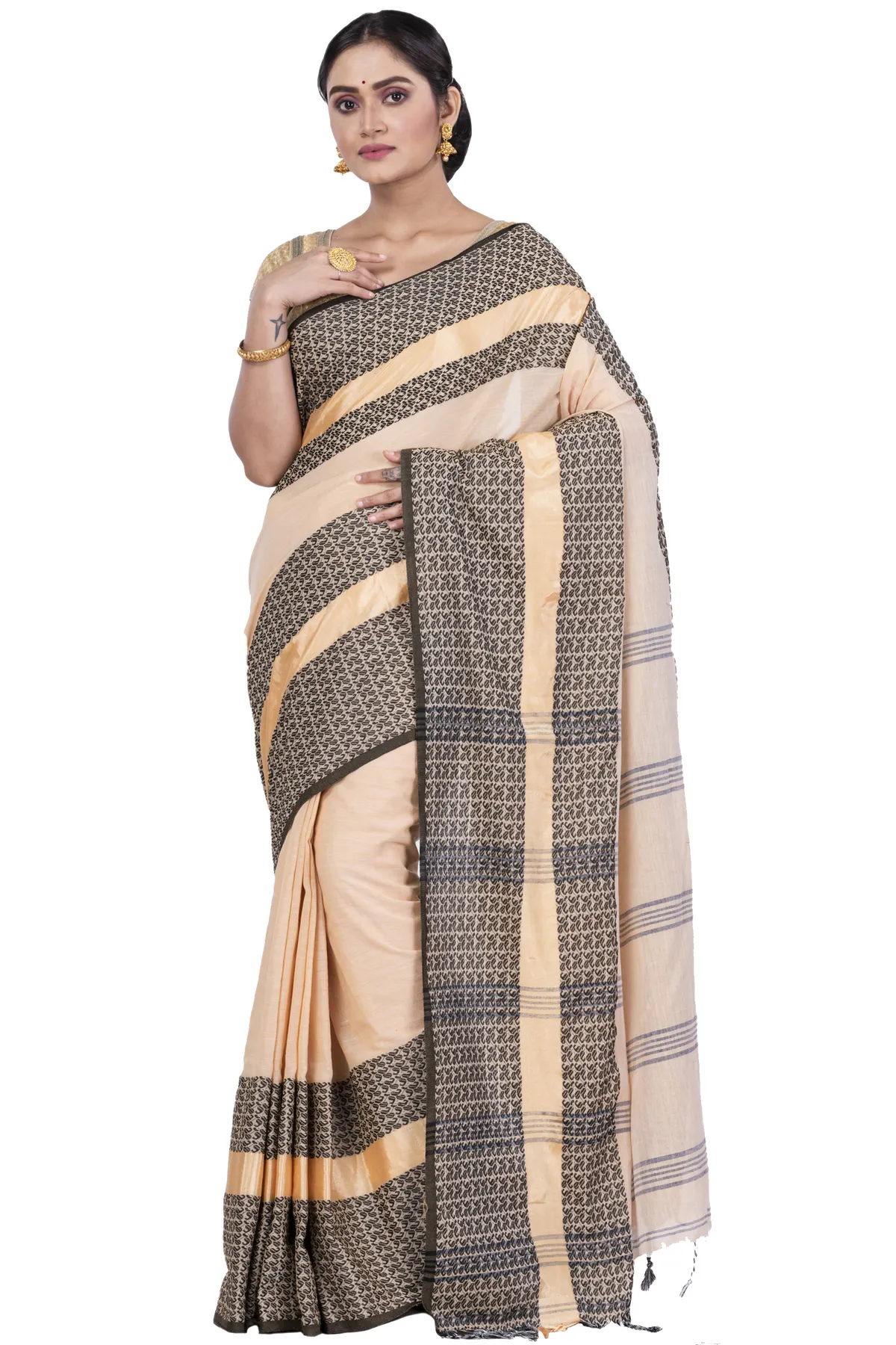 DipDiya Pure Cotton Off-White Souraovi Hand Timeless Bengal Handloom Sarees
