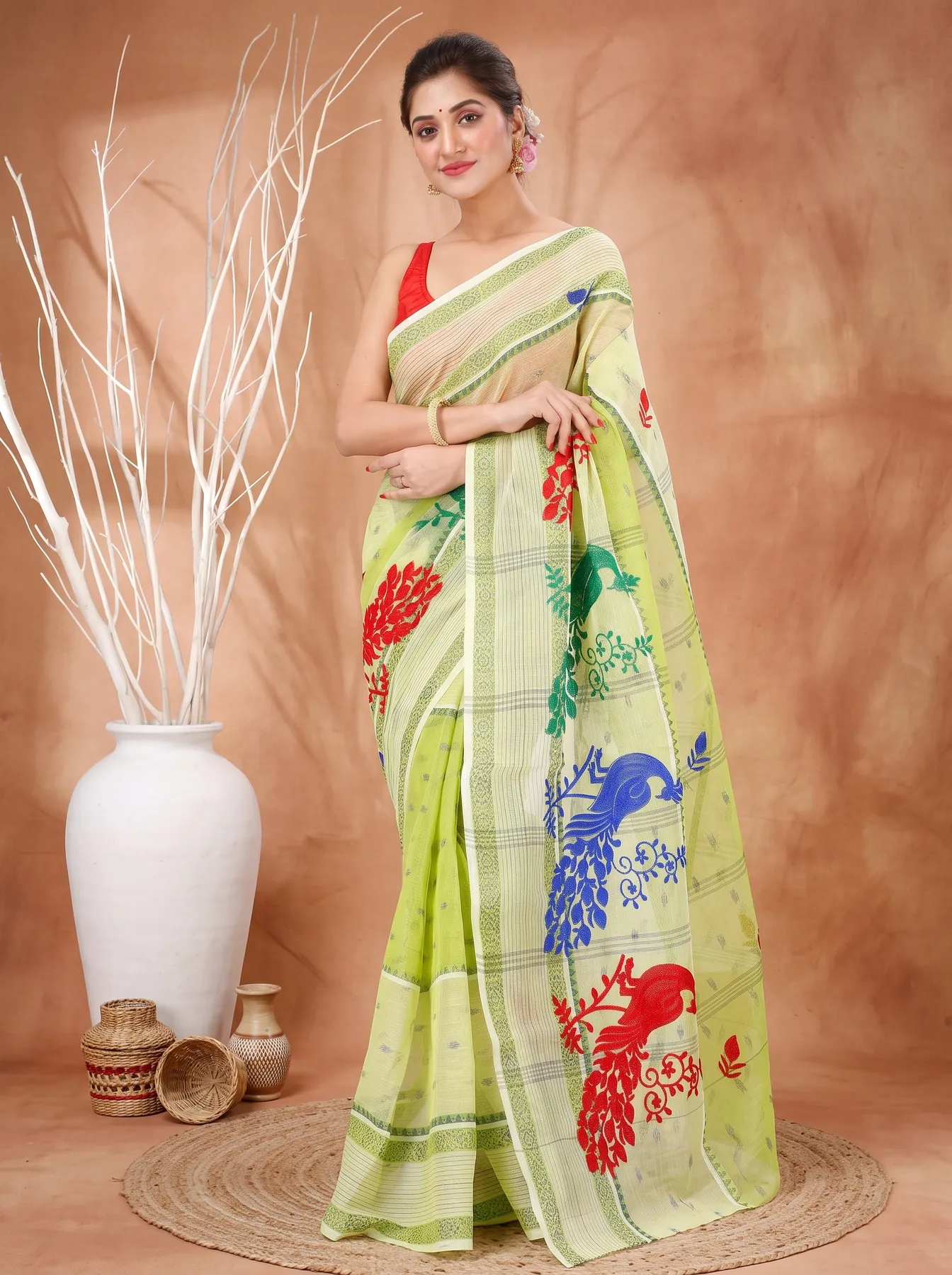 DipDiya Pure Cotton Olieve Green Embi Debdash Moyur A Legacy Woven Embroidery Tant Sarees