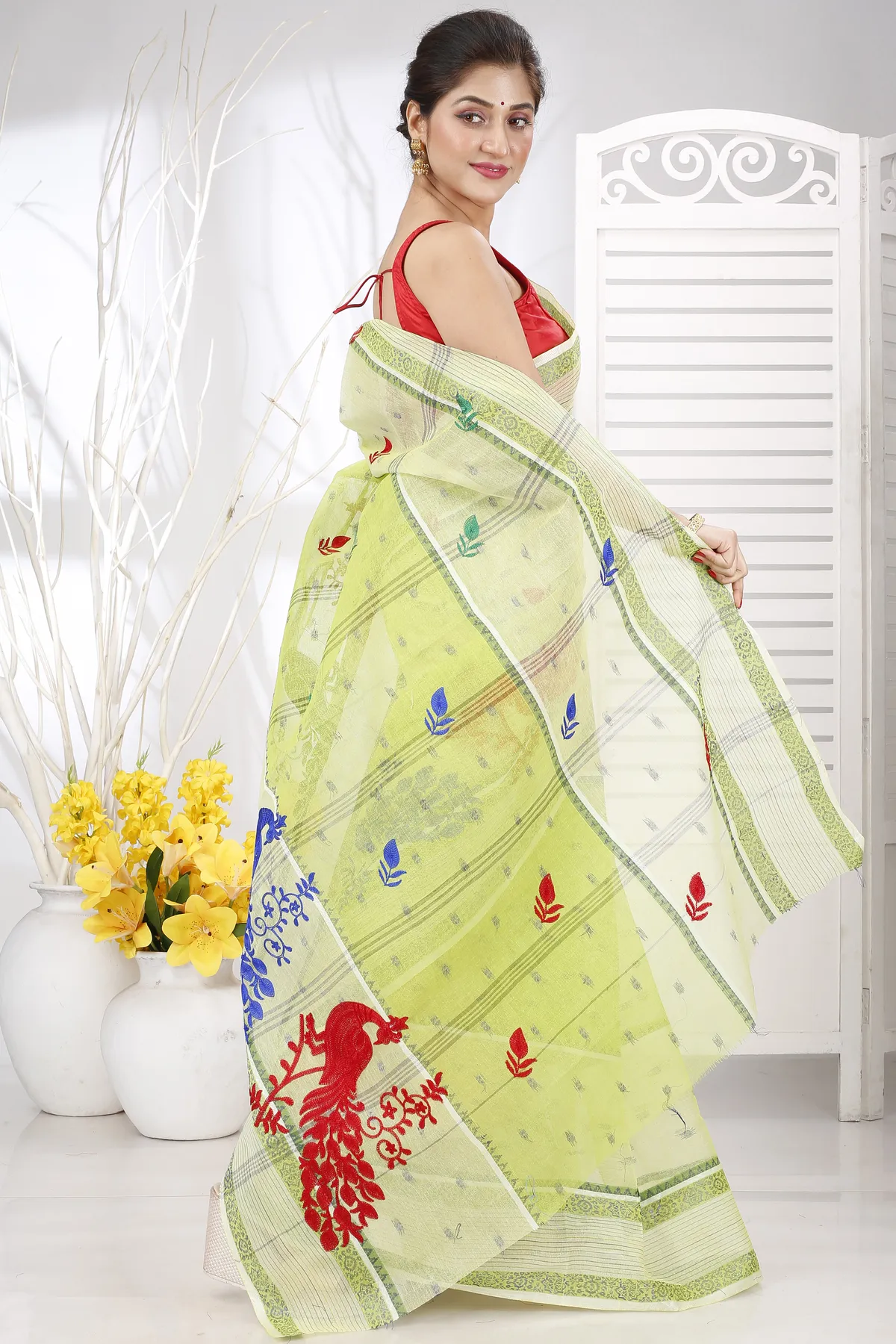 DipDiya Pure Cotton Olieve Green Embi Debdash Moyur A Legacy Woven Embroidery Tant Sarees