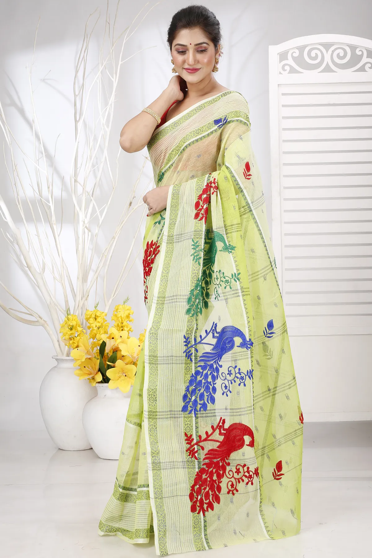 DipDiya Pure Cotton Olieve Green Embi Debdash Moyur A Legacy Woven Embroidery Tant Sarees