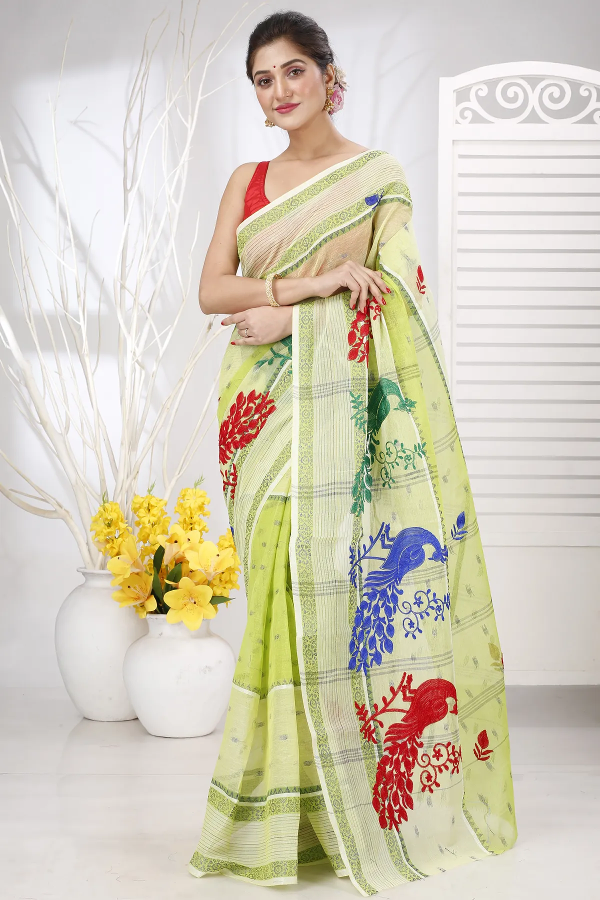 DipDiya Pure Cotton Olieve Green Embi Debdash Moyur A Legacy Woven Embroidery Tant Sarees