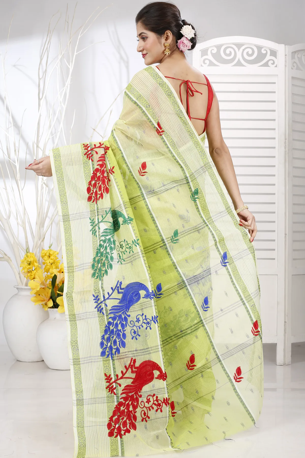 DipDiya Pure Cotton Olieve Green Embi Debdash Moyur A Legacy Woven Embroidery Tant Sarees
