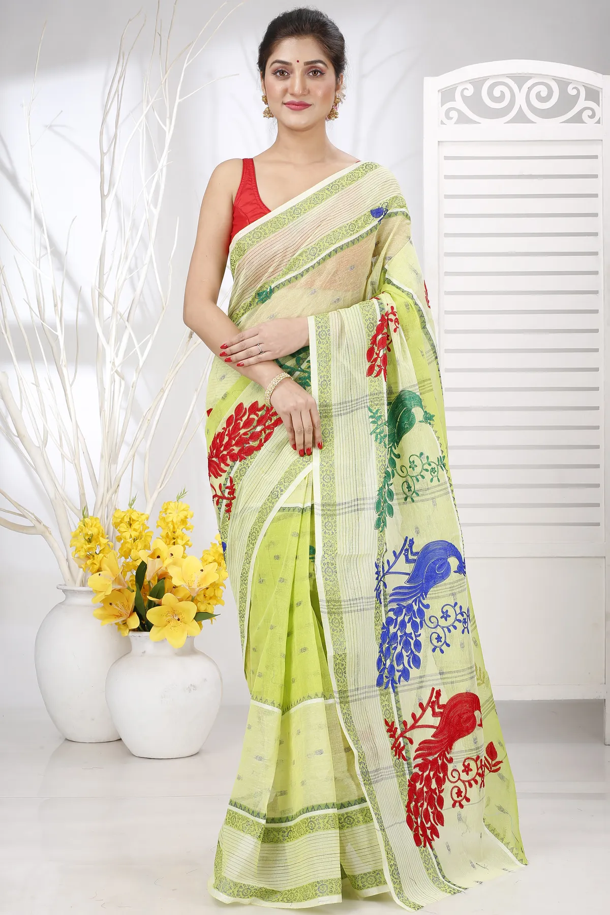 DipDiya Pure Cotton Olieve Green Embi Debdash Moyur A Legacy Woven Embroidery Tant Sarees
