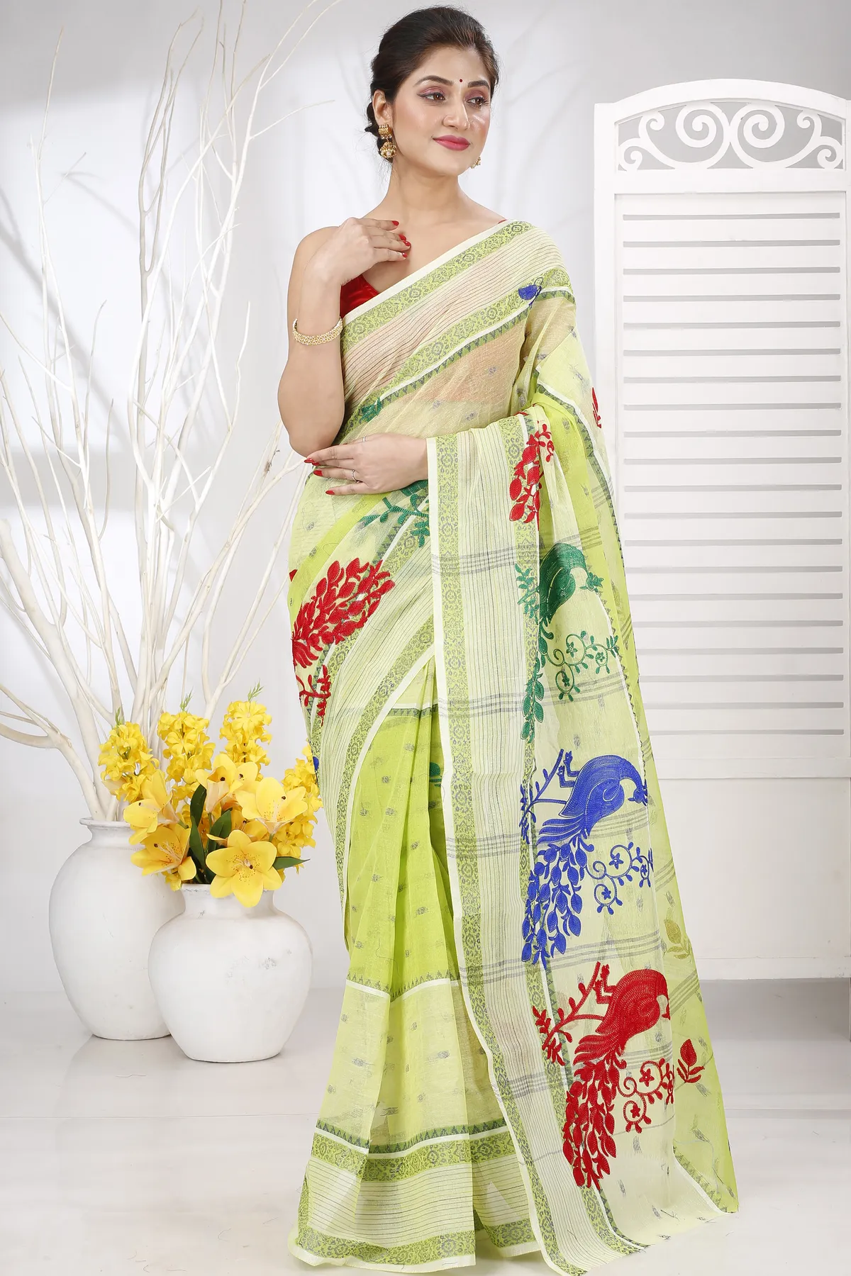 DipDiya Pure Cotton Olieve Green Embi Debdash Moyur A Legacy Woven Embroidery Tant Sarees
