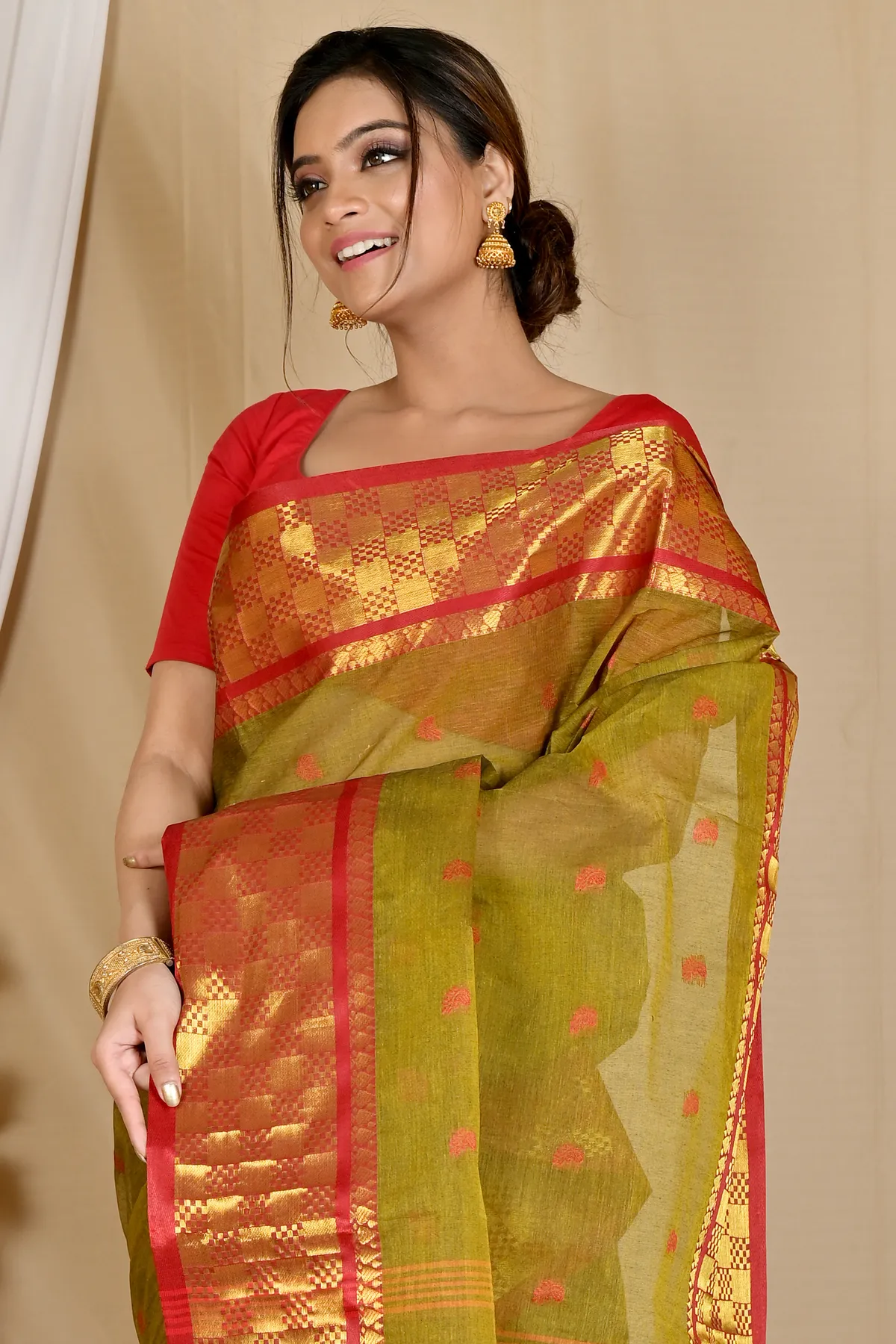 DipDiya Pure Cotton Olive Green Atula Grace of Bengal Tant Sarees
