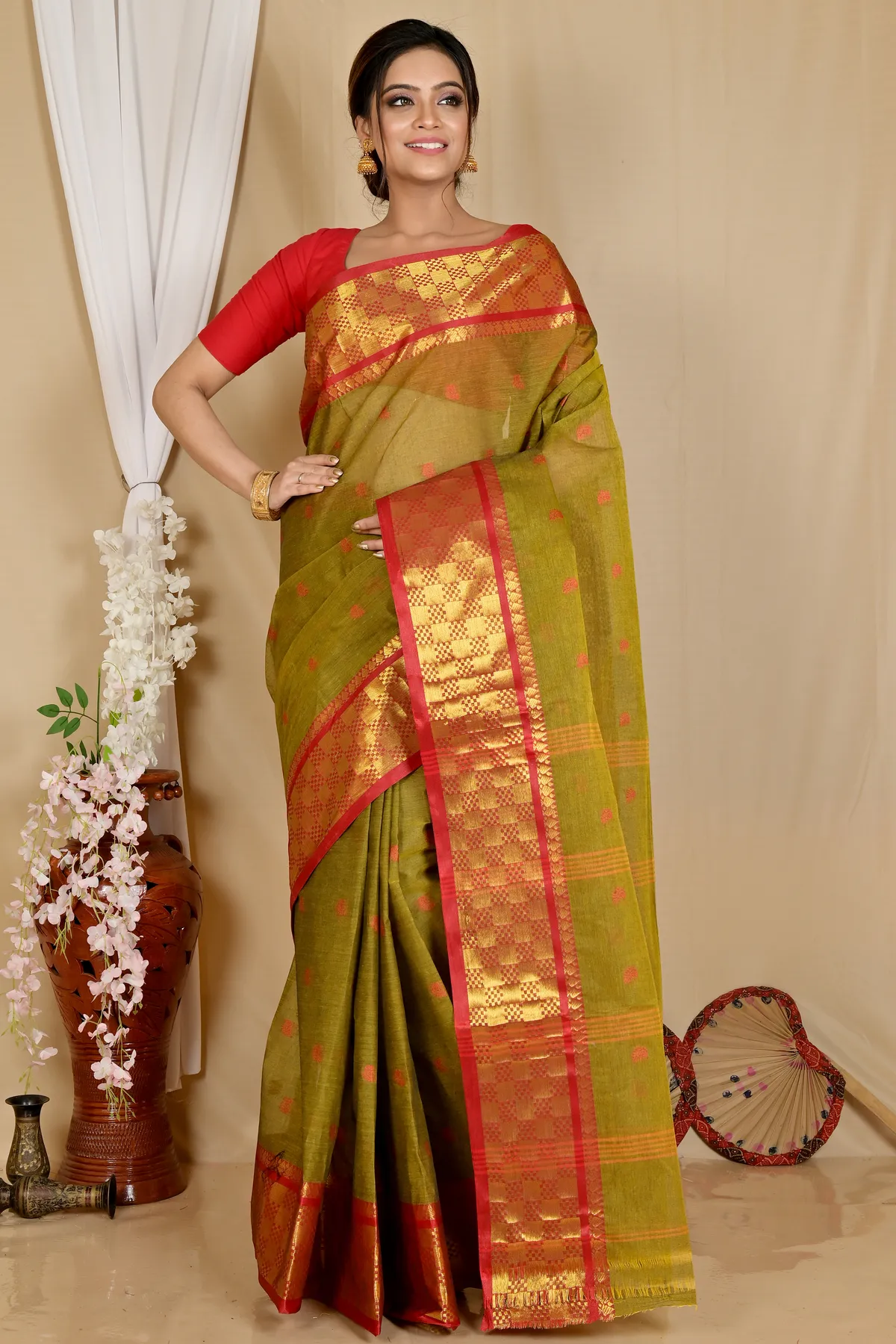 DipDiya Pure Cotton Olive Green Atula Grace of Bengal Tant Sarees