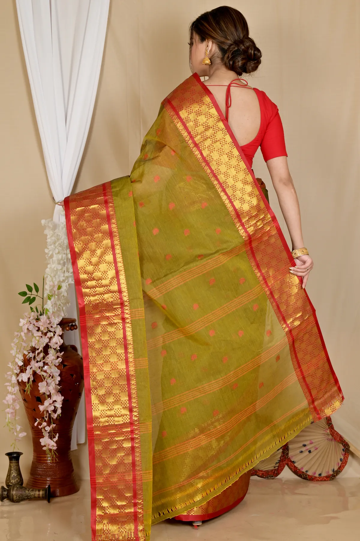 DipDiya Pure Cotton Olive Green Atula Grace of Bengal Tant Sarees