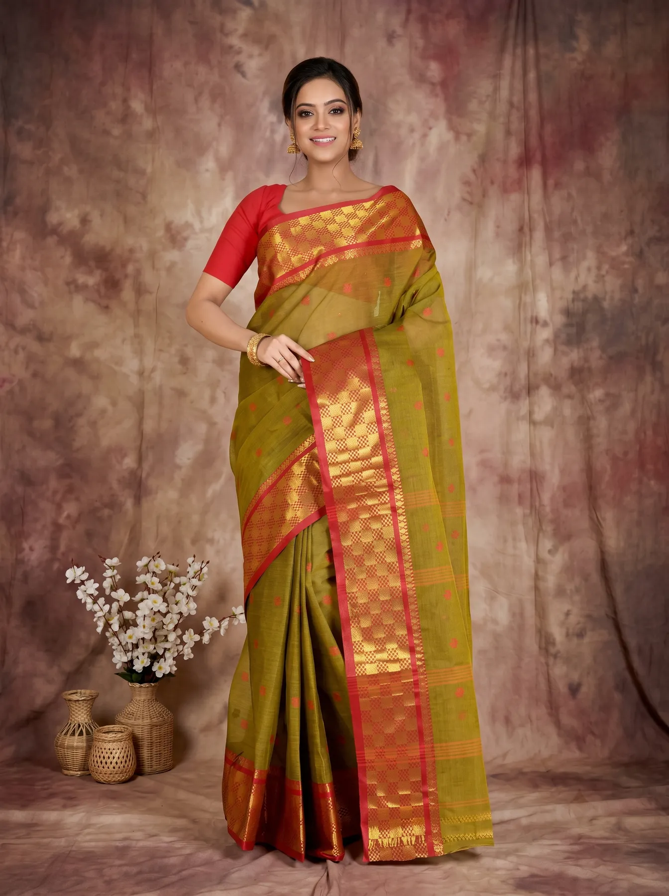 DipDiya Pure Cotton Olive Green Atula Grace of Bengal Tant Sarees