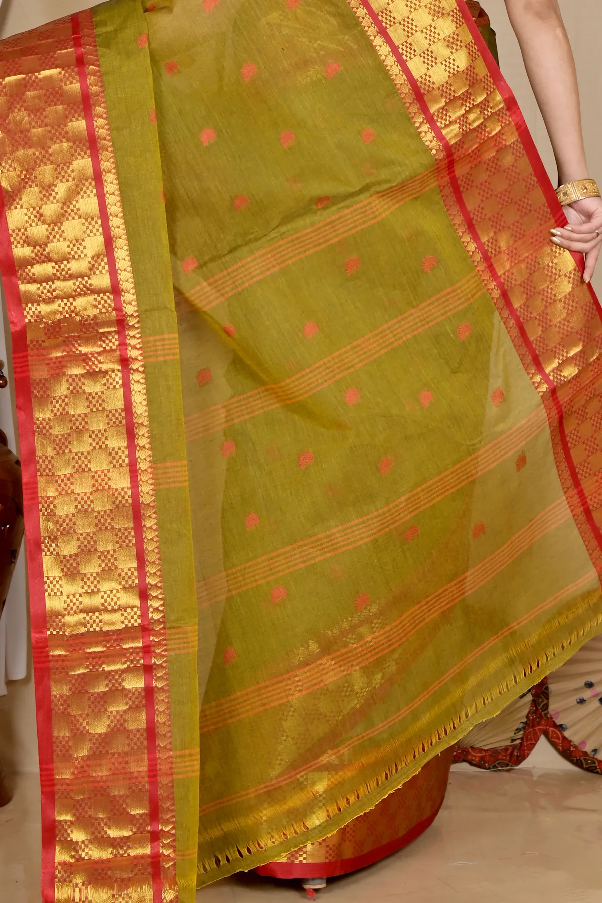DipDiya Pure Cotton Olive Green Atula Grace of Bengal Tant Sarees