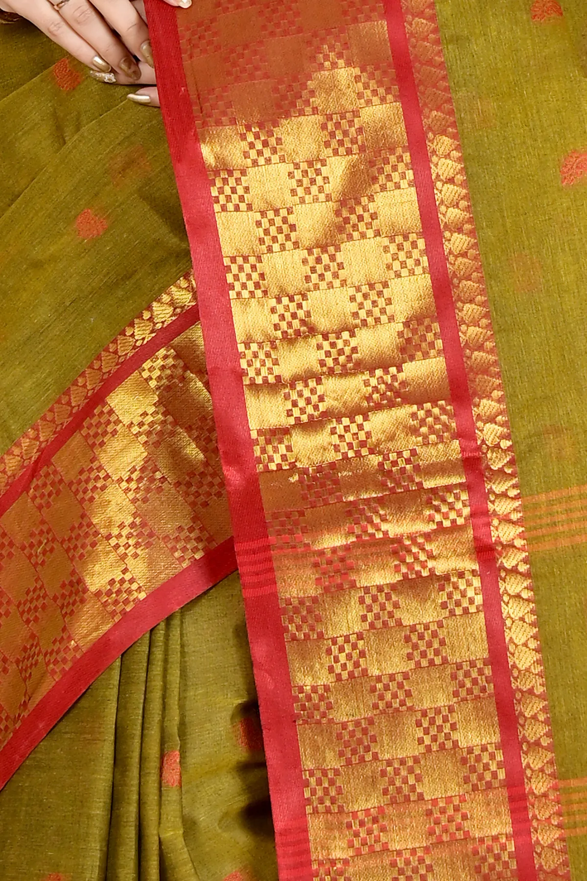 DipDiya Pure Cotton Olive Green Atula Grace of Bengal Tant Sarees