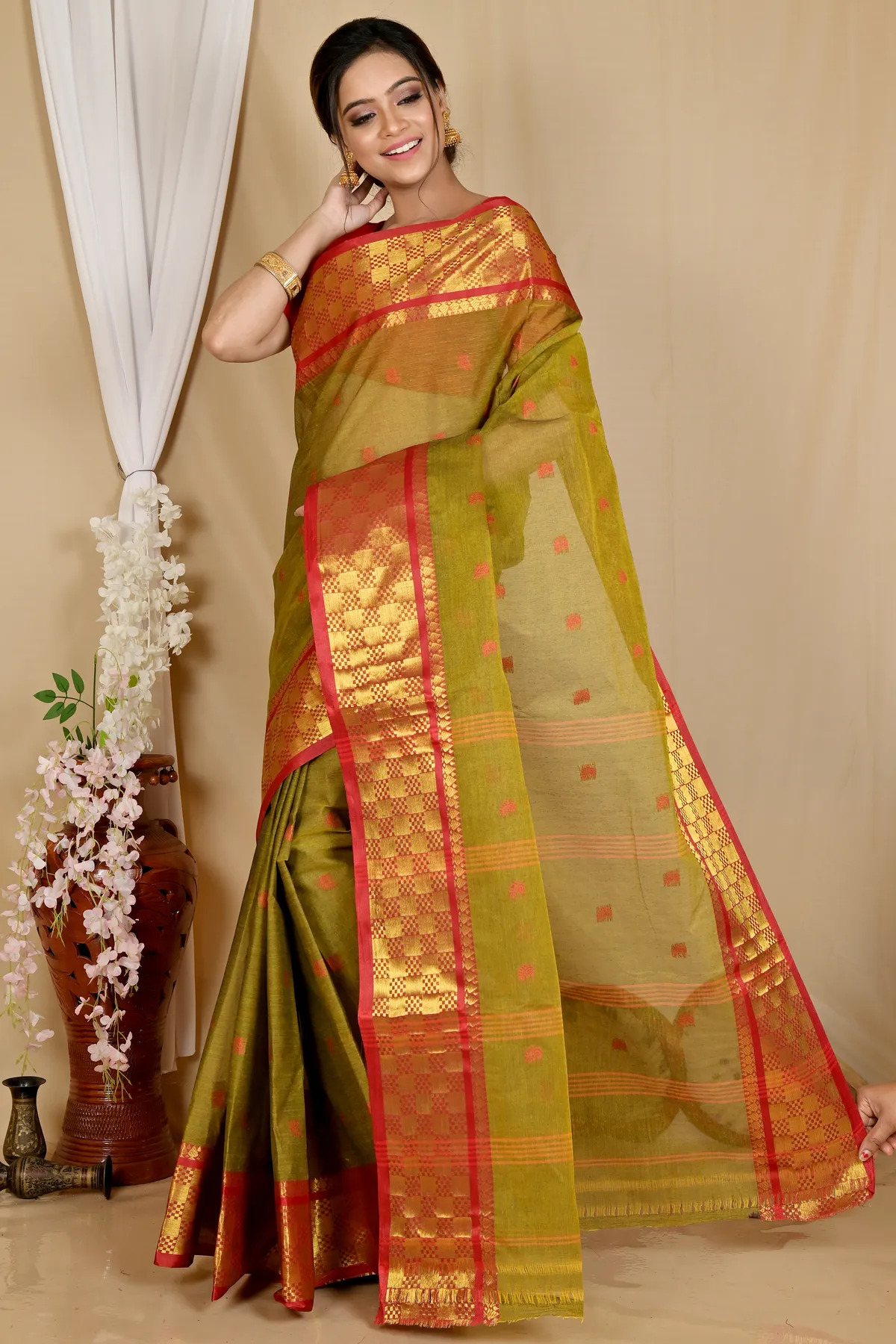 DipDiya Pure Cotton Olive Green Atula Grace of Bengal Tant Sarees