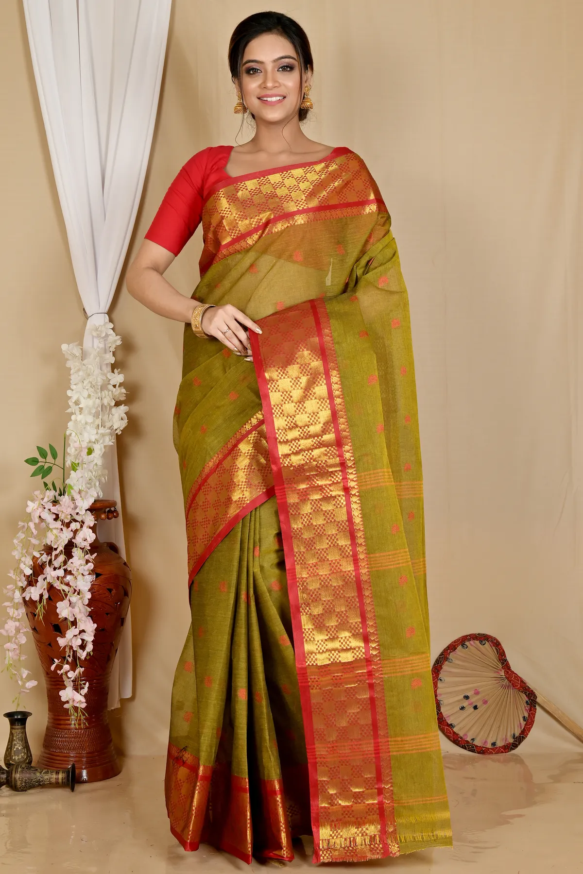 DipDiya Pure Cotton Olive Green Atula Grace of Bengal Tant Sarees