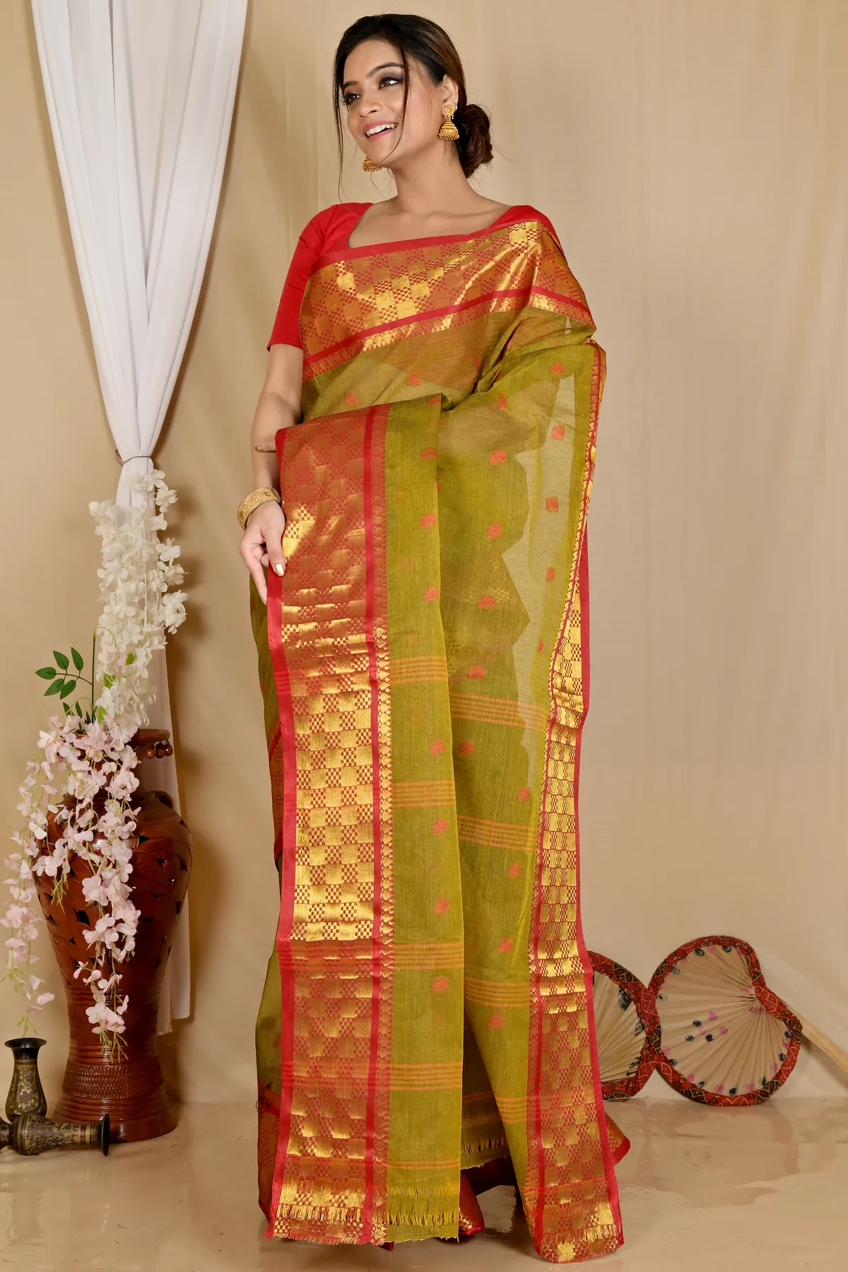 DipDiya Pure Cotton Olive Green Atula Grace of Bengal Tant Sarees
